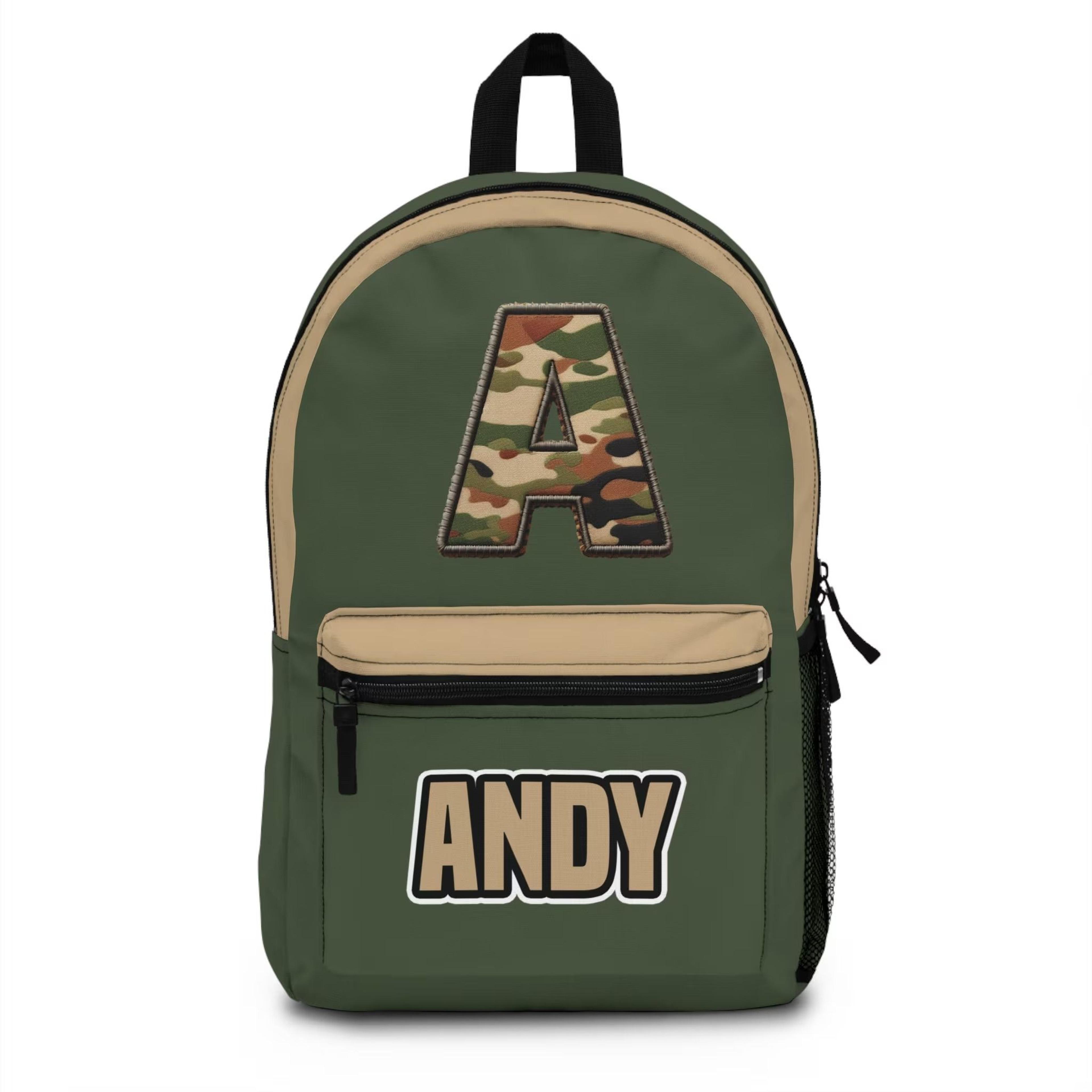 personalized camo initial backpack for boys, custom name military school bag, camouflage monogram backpack