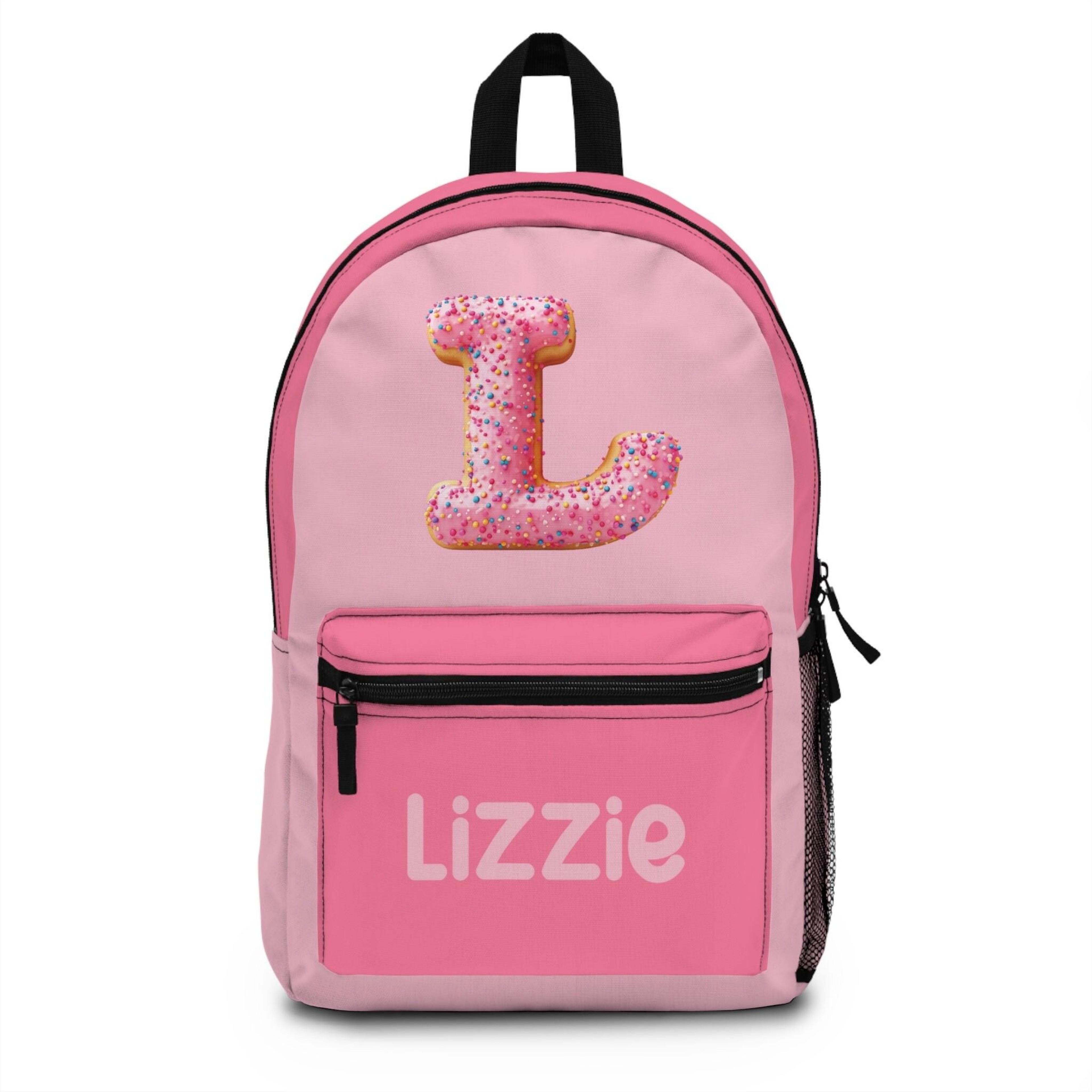 personalized donut initial backpack for girls, custom name school bag, pink sprinkle monogram backpack, kids bookbag