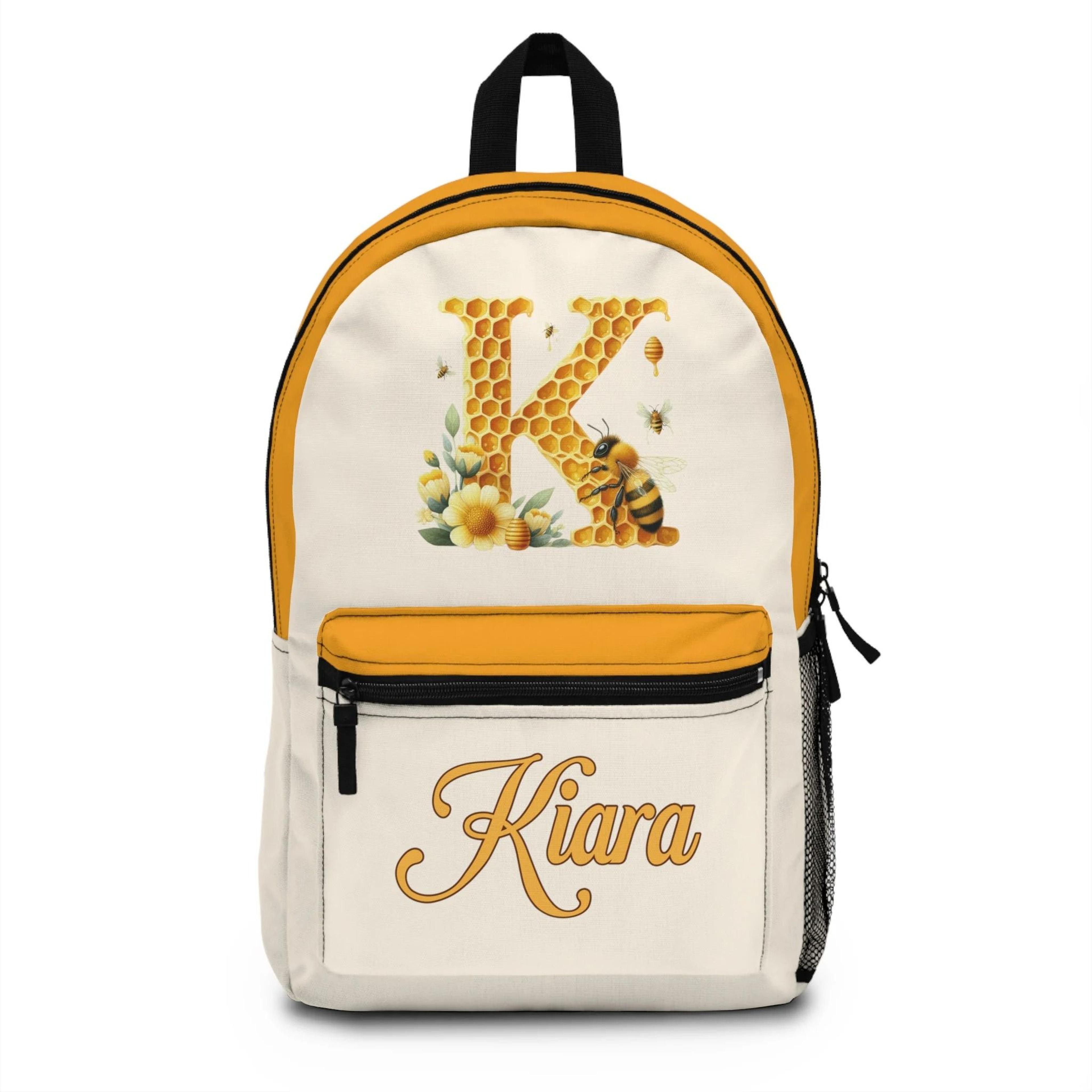 personalized bee initial backpack for girls, custom name honey bee school bag, floral monogram backpack, kids bookbag