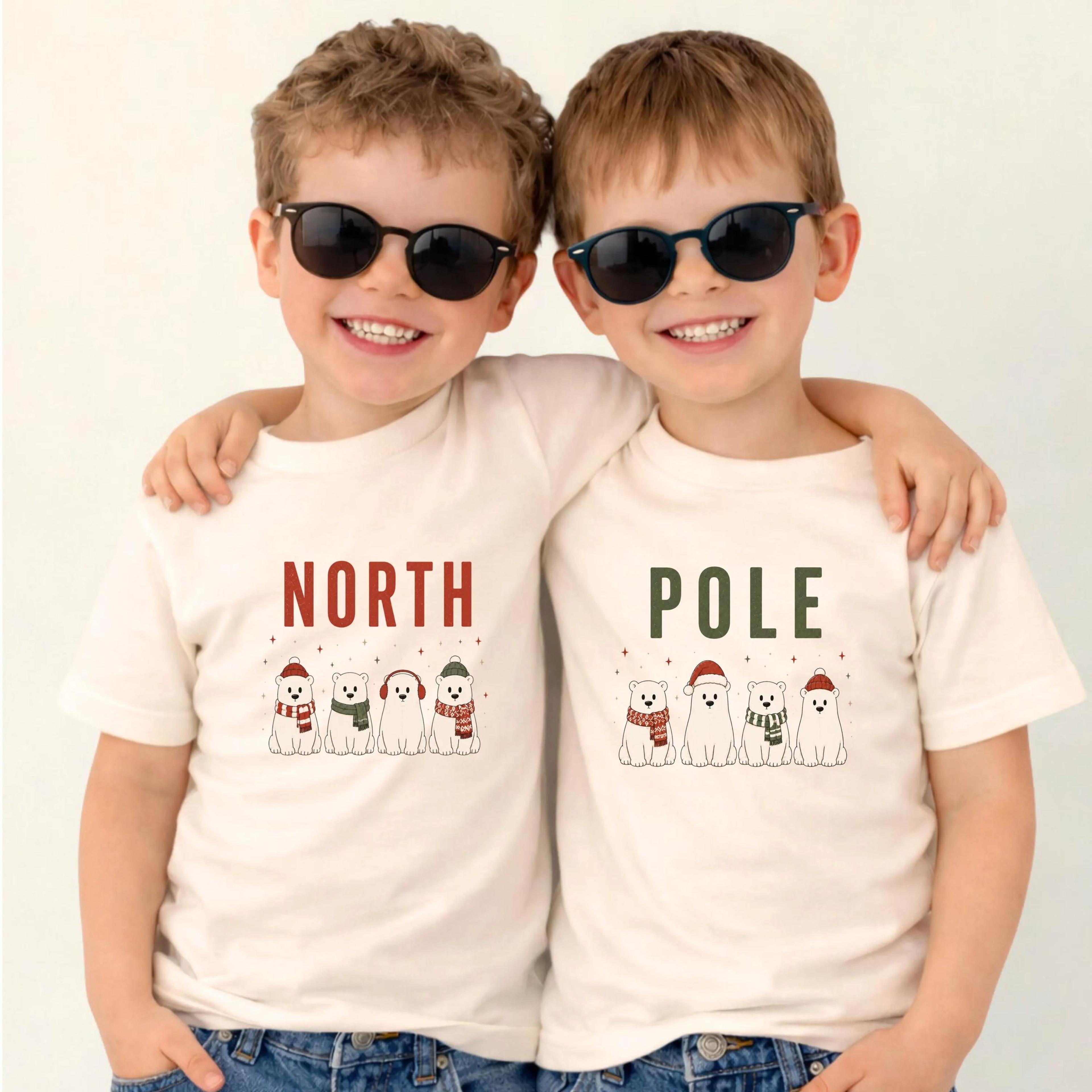 north pole matching christmas shirts for brothers, polar bear sibling christmas tee, matching kids christmas shirt