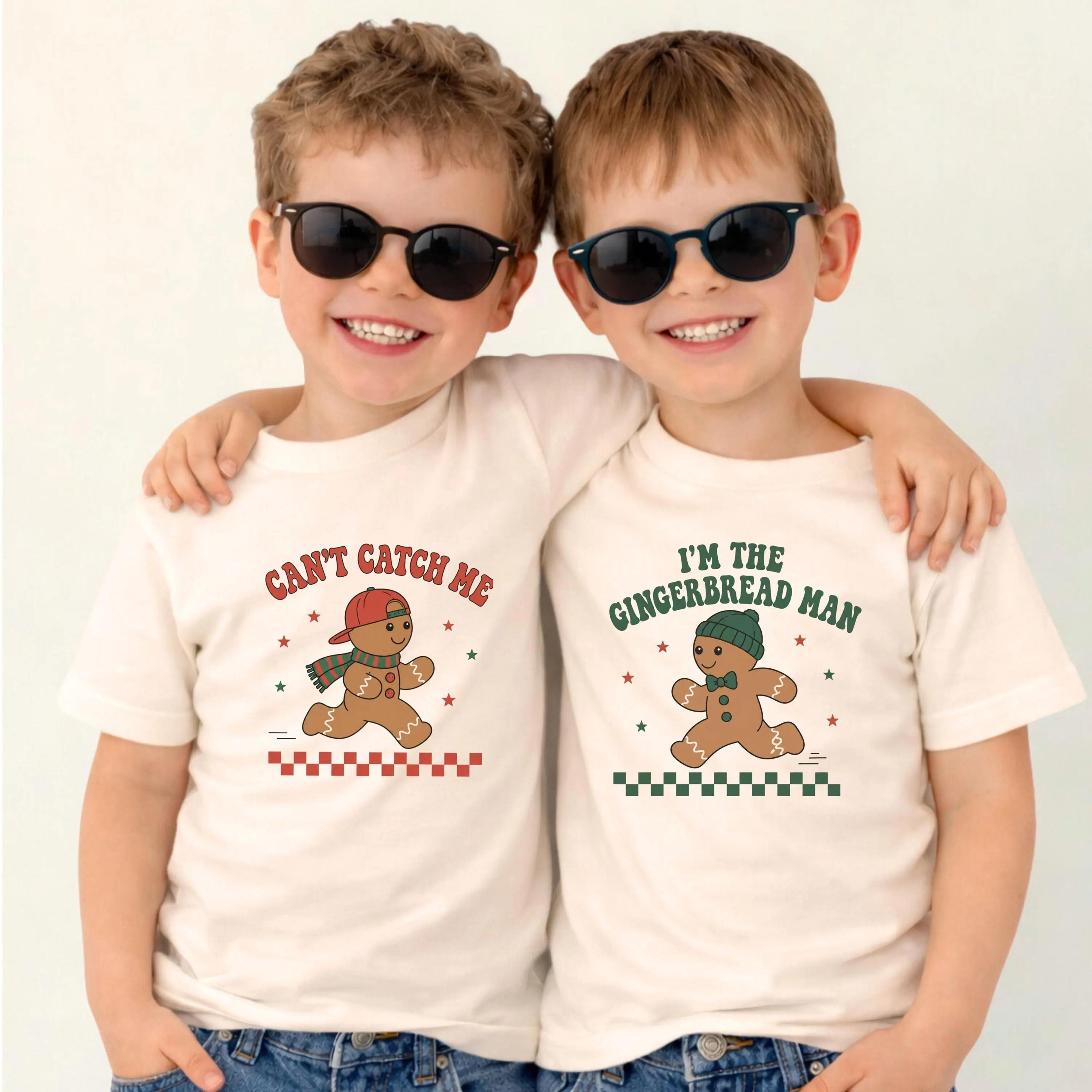 matching gingerbread christmas shirts, can't catch me & i'm the gingerbread man sibling shirts, funny kids christmas tee