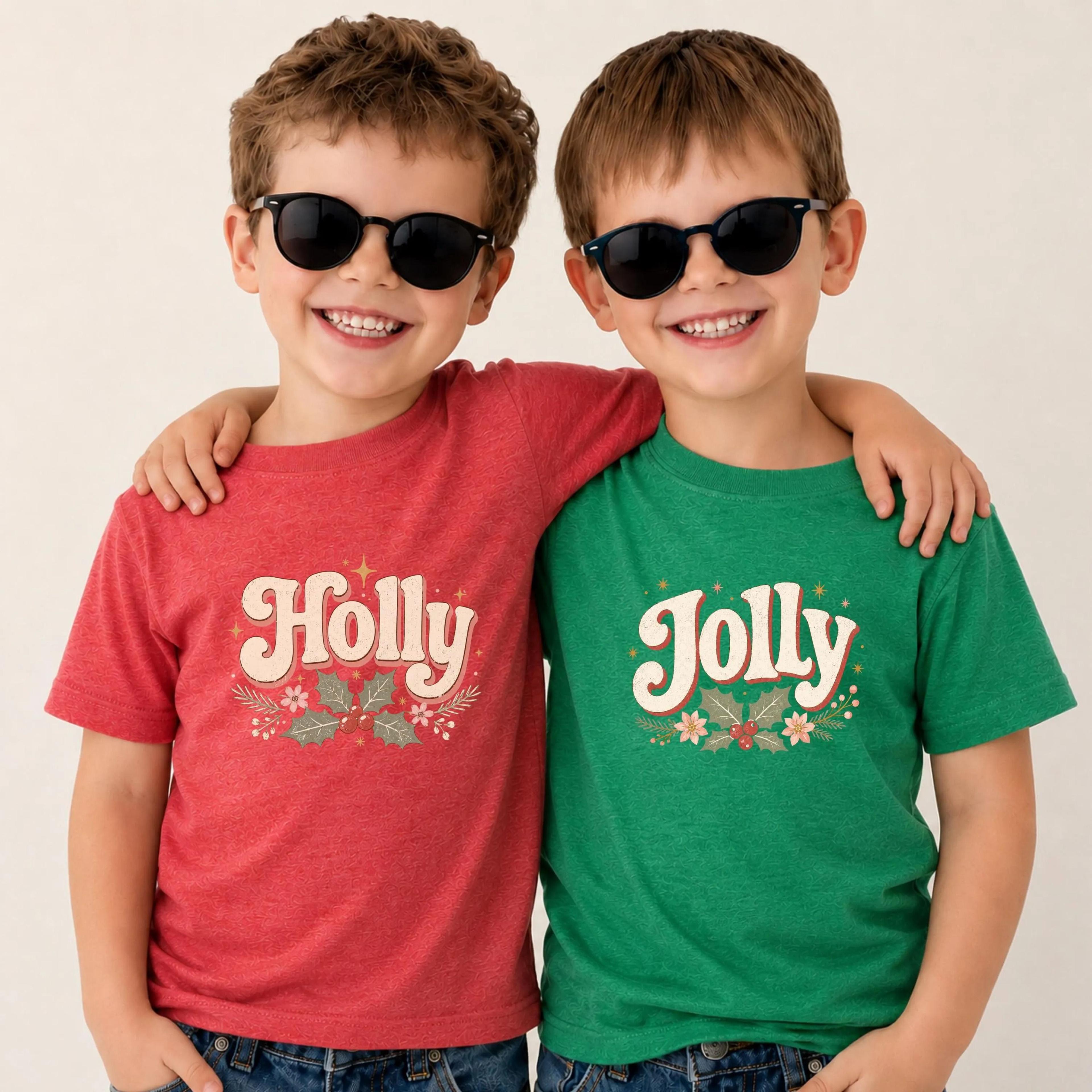 matching holly jolly christmas shirts, holly jolly sibling shirts, retro christmas kids tee, brother sister holiday outf