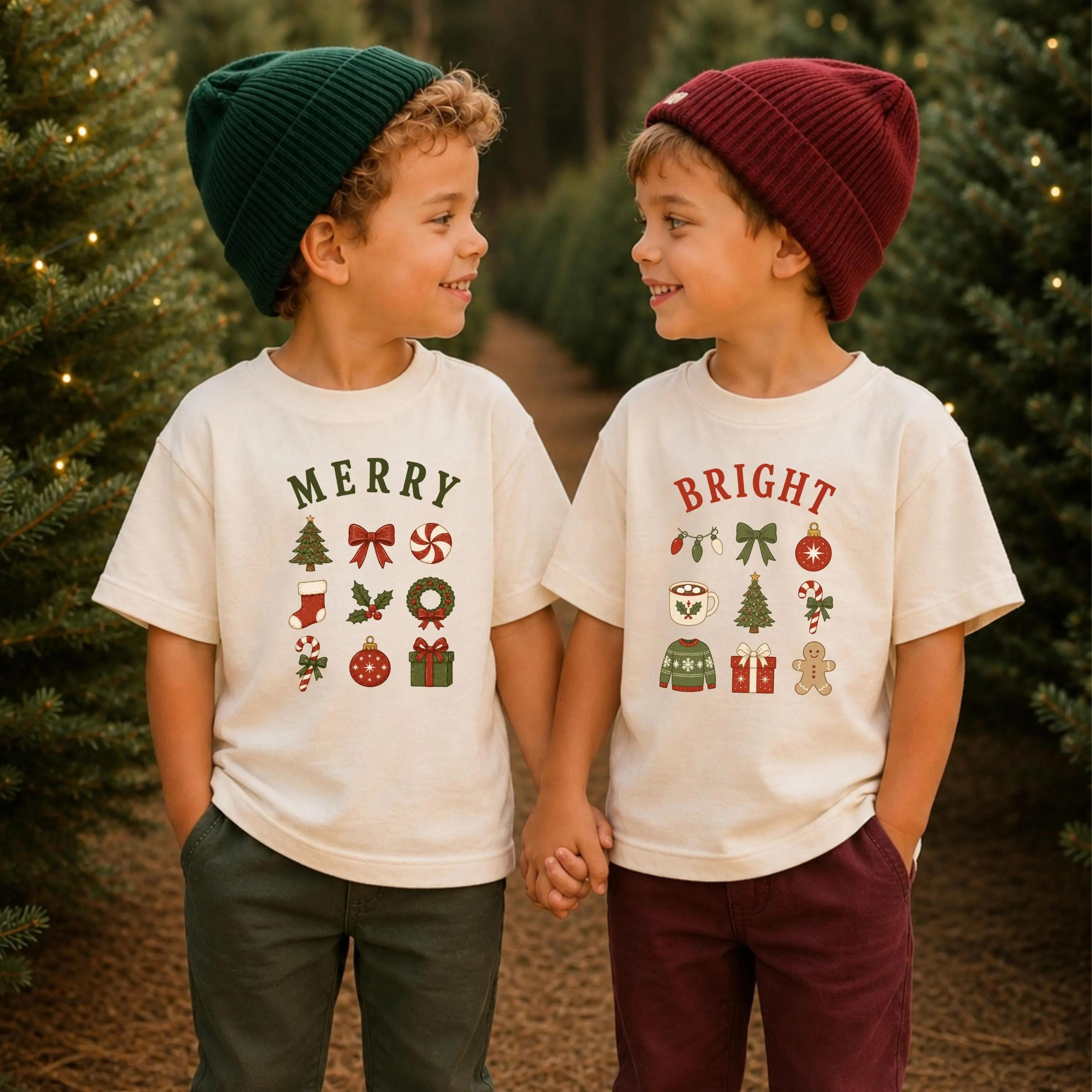 matching merry bright christmas shirts, merry bright sibling shirts, kids christmas outfit, brother sister holiday tees