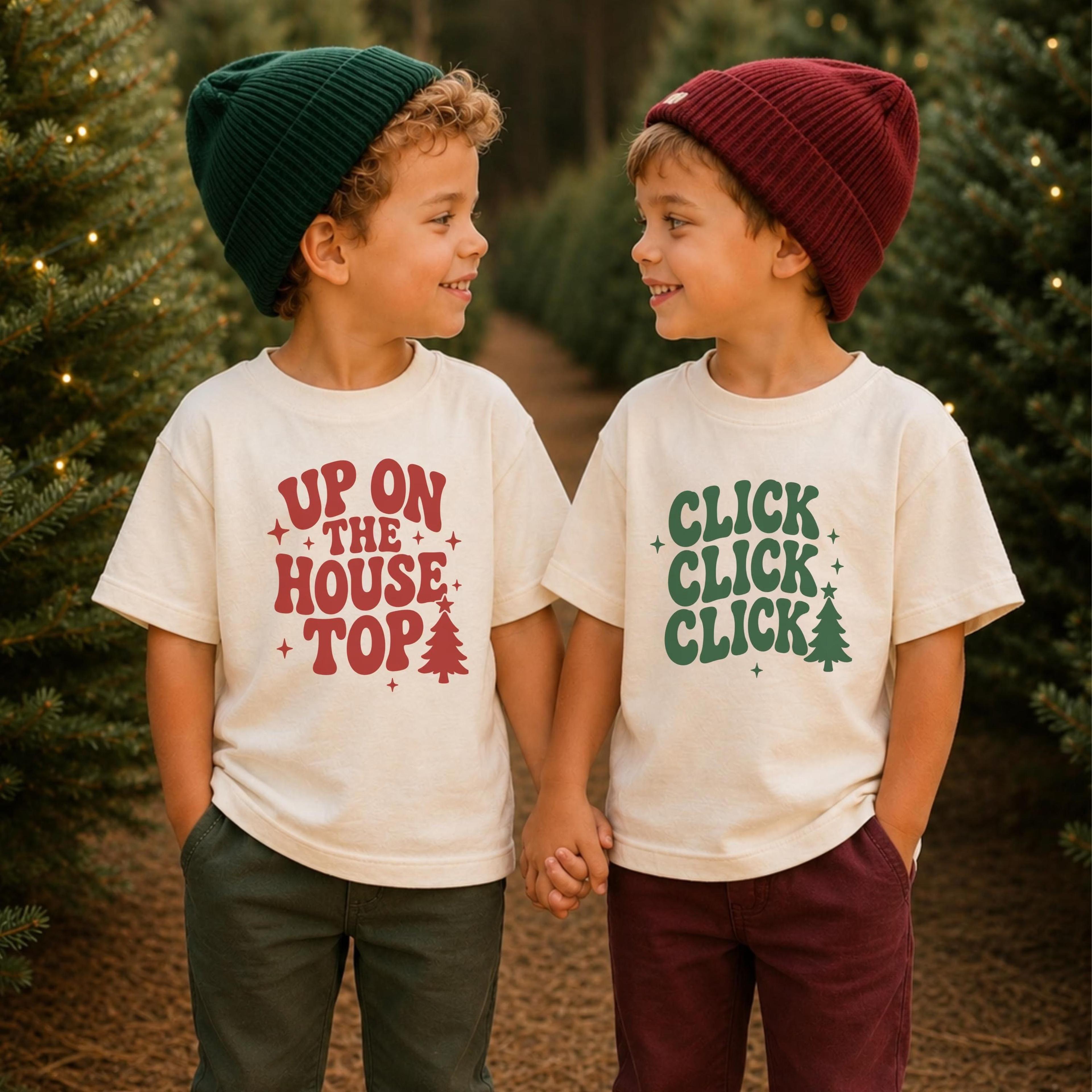 matching christmas sibling shirts, up on the housetop click click click kids christmas tee, brother sister holiday tees