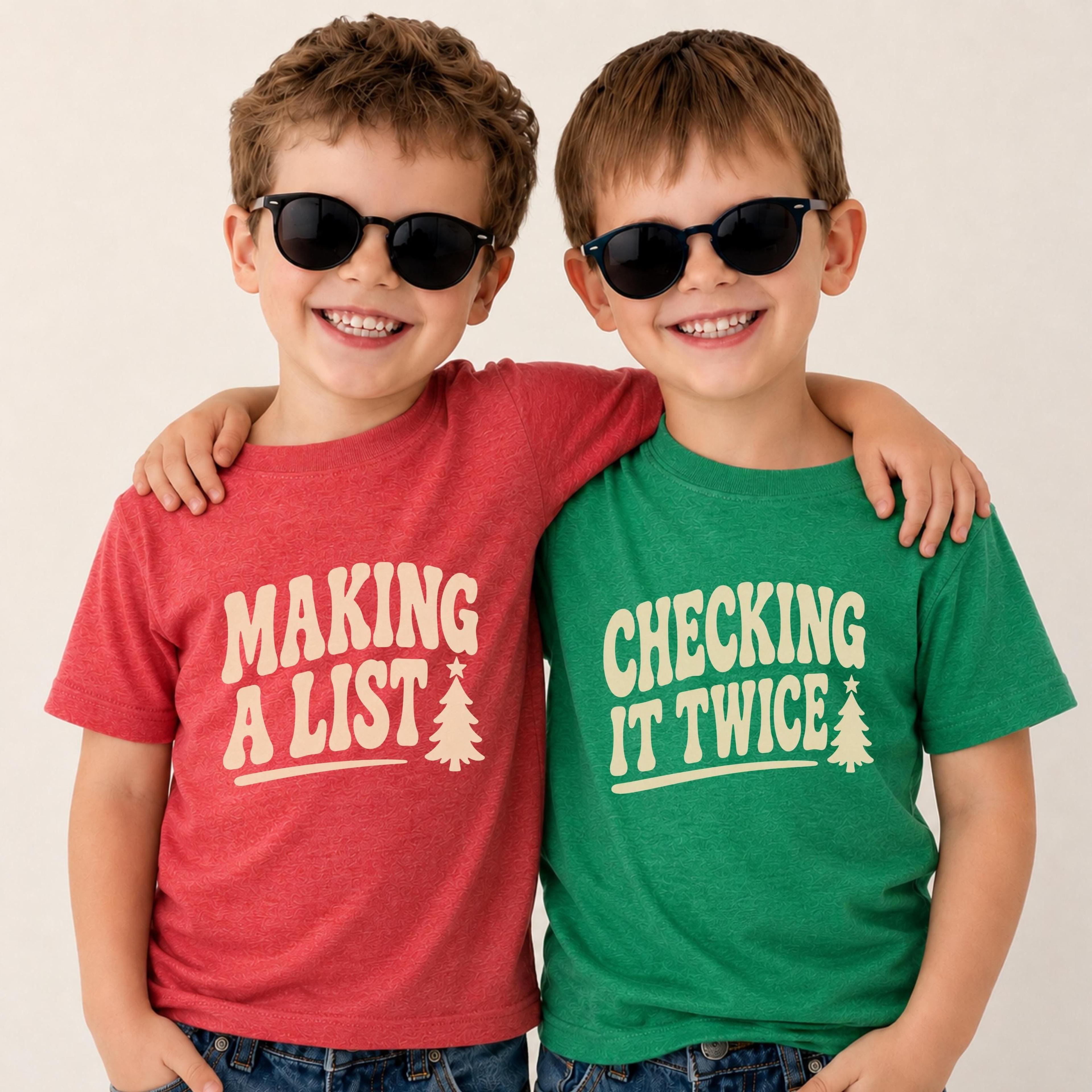 making a list checking it twice matching christmas shirts, sibling christmas shirts, brother sister holiday tee