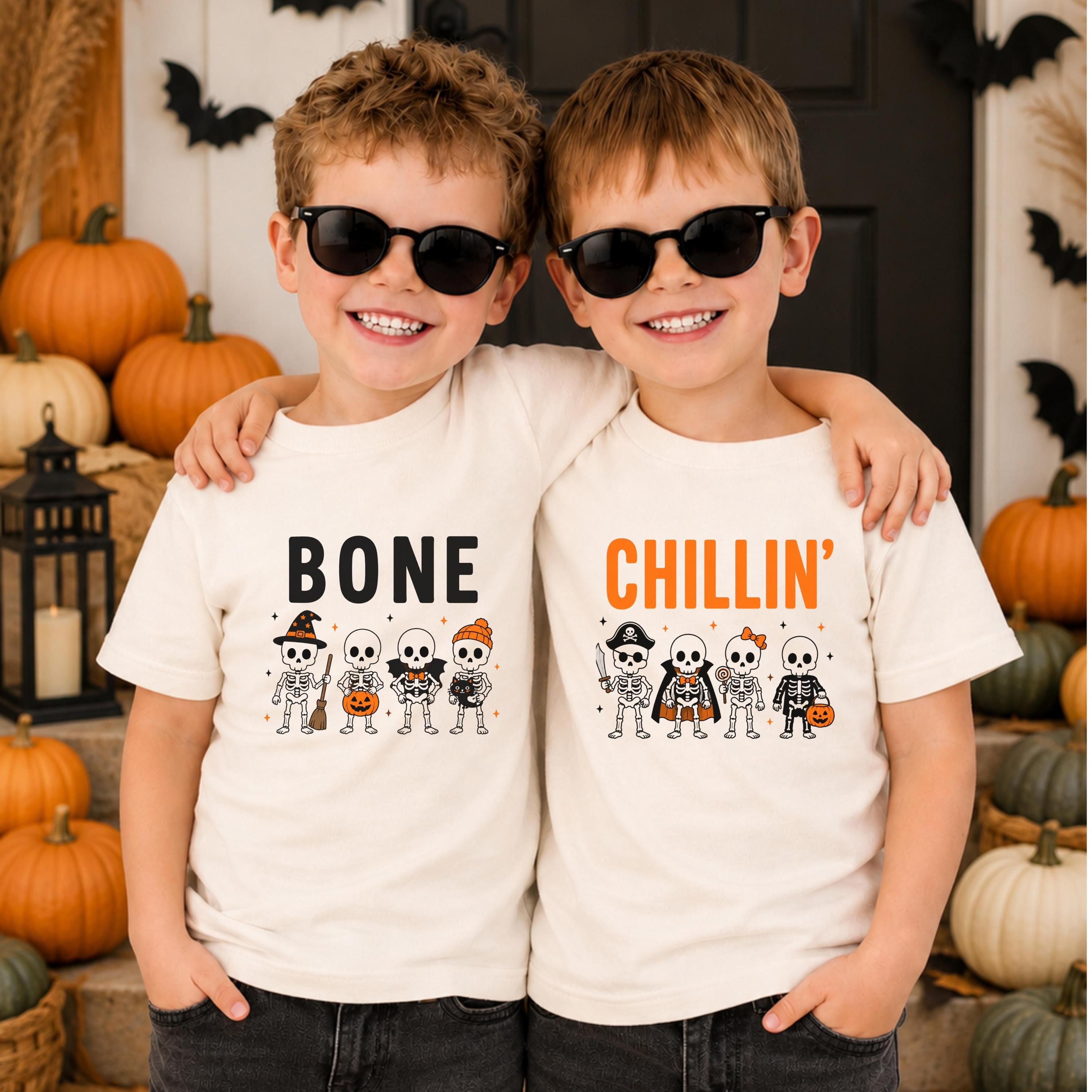 bone chillin matching halloween shirts, brother sister halloween shirts, funny skeleton kids shirt, sibling halloween