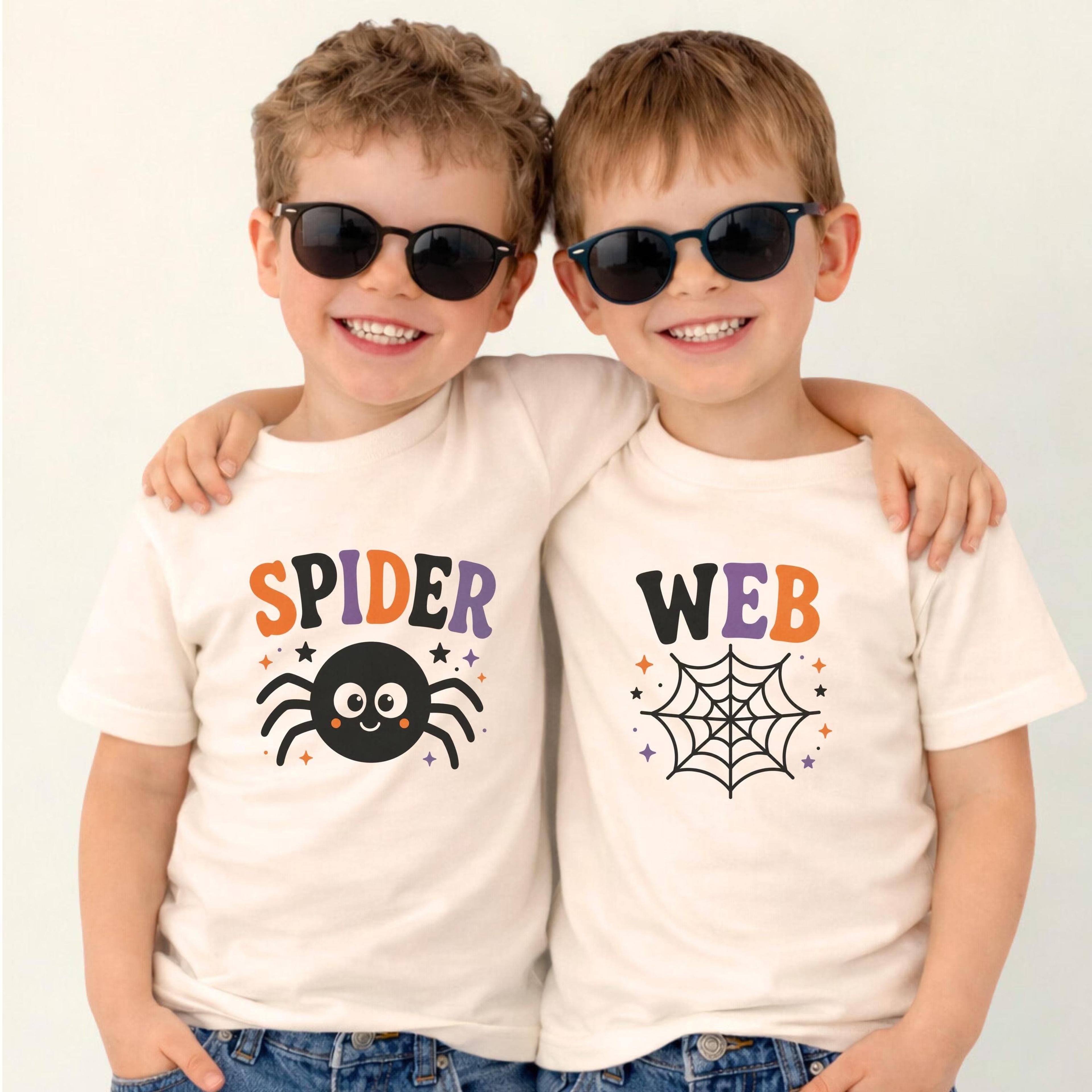 spider web matching halloween shirts, brother sister halloween shirts, cute spider kids shirt, sibling halloween tee