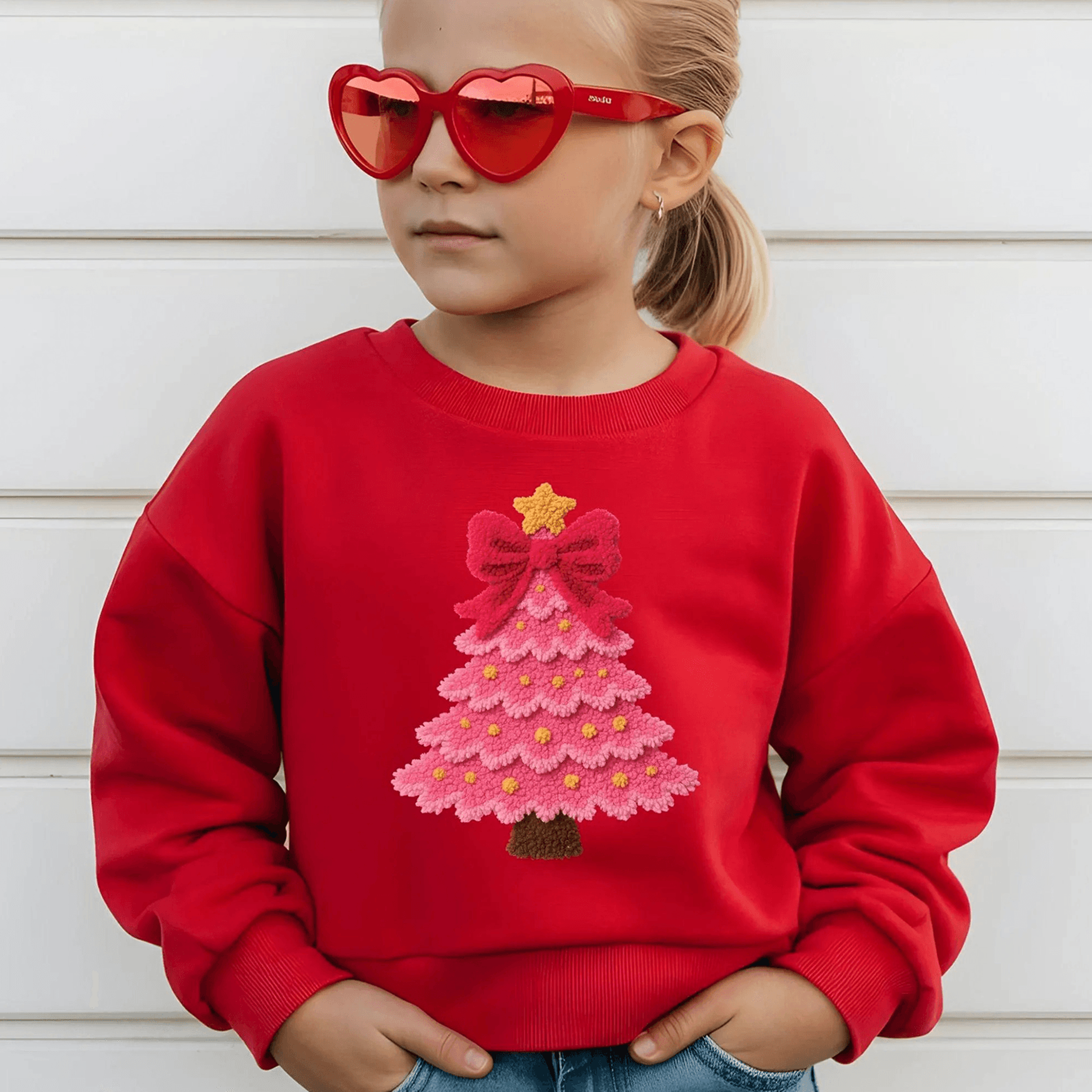 cute pink christmas tree youth t-shirt & sweatshirt, kids holiday graphic shirt, merry christmas outfit gift