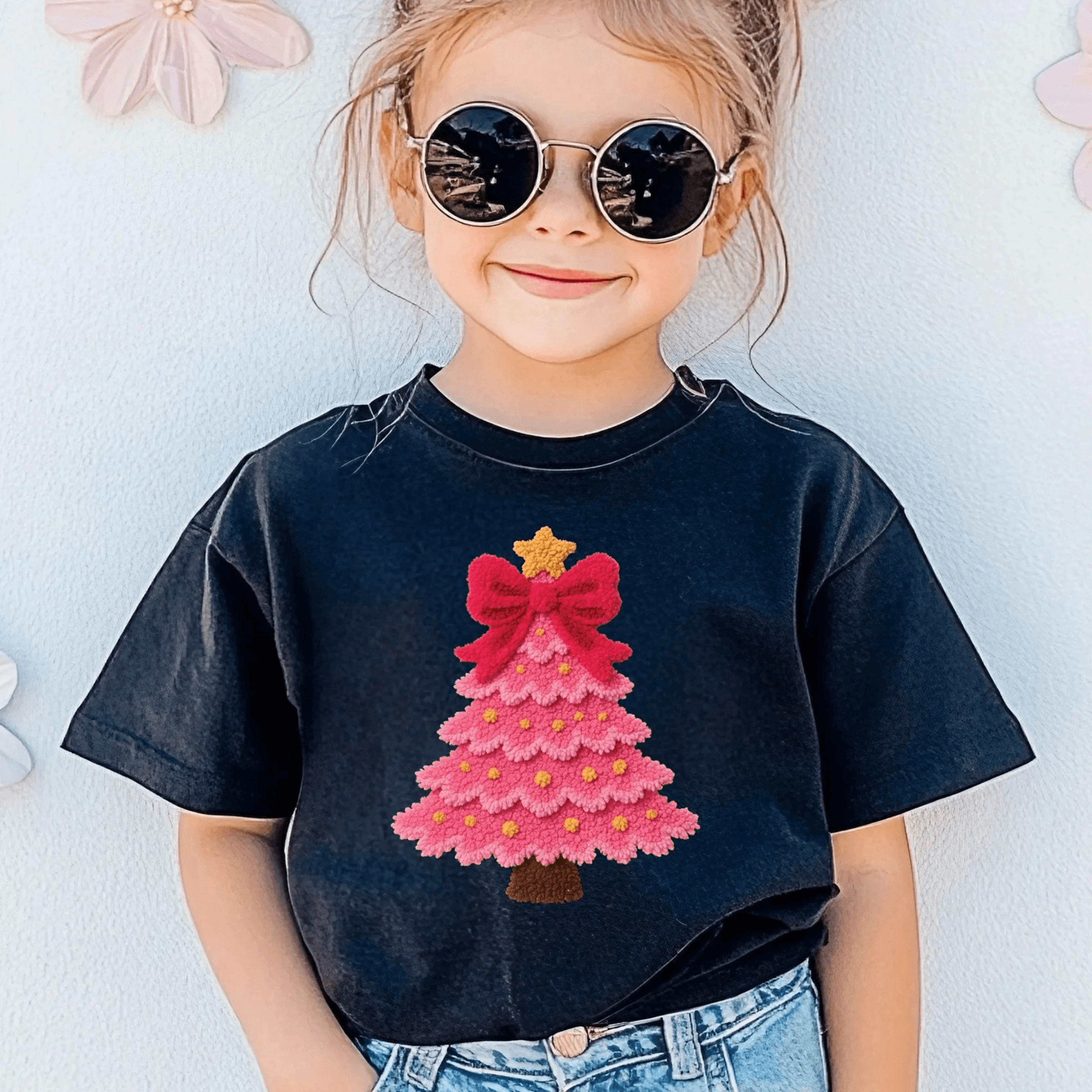pink christmas tree baby romper & kids t-shirt, cute holiday outfit, christmas graphic shirt for girls gift