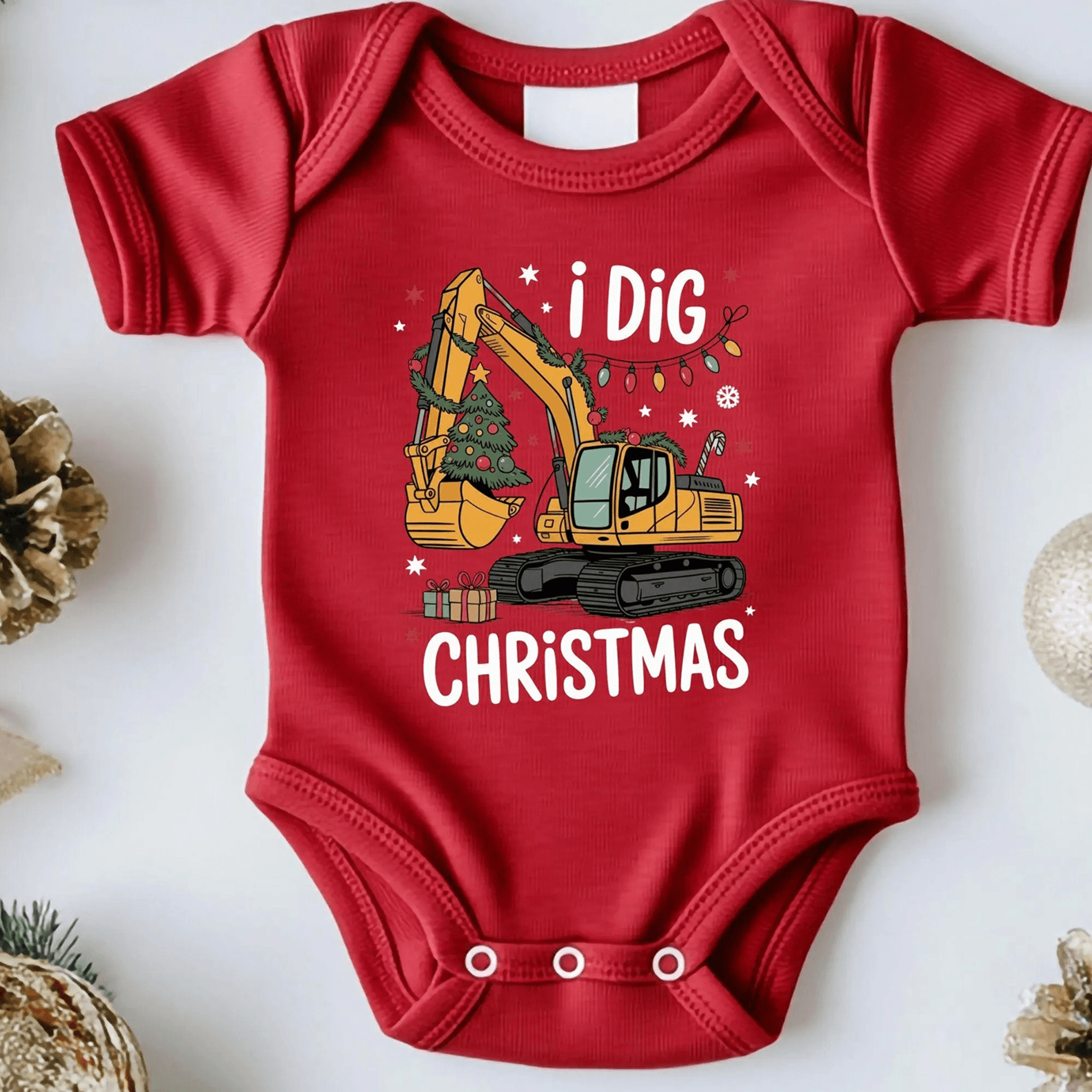i dig christmas baby romper & kids t-shirt, funny excavator christmas outfit, construction truck holiday gift