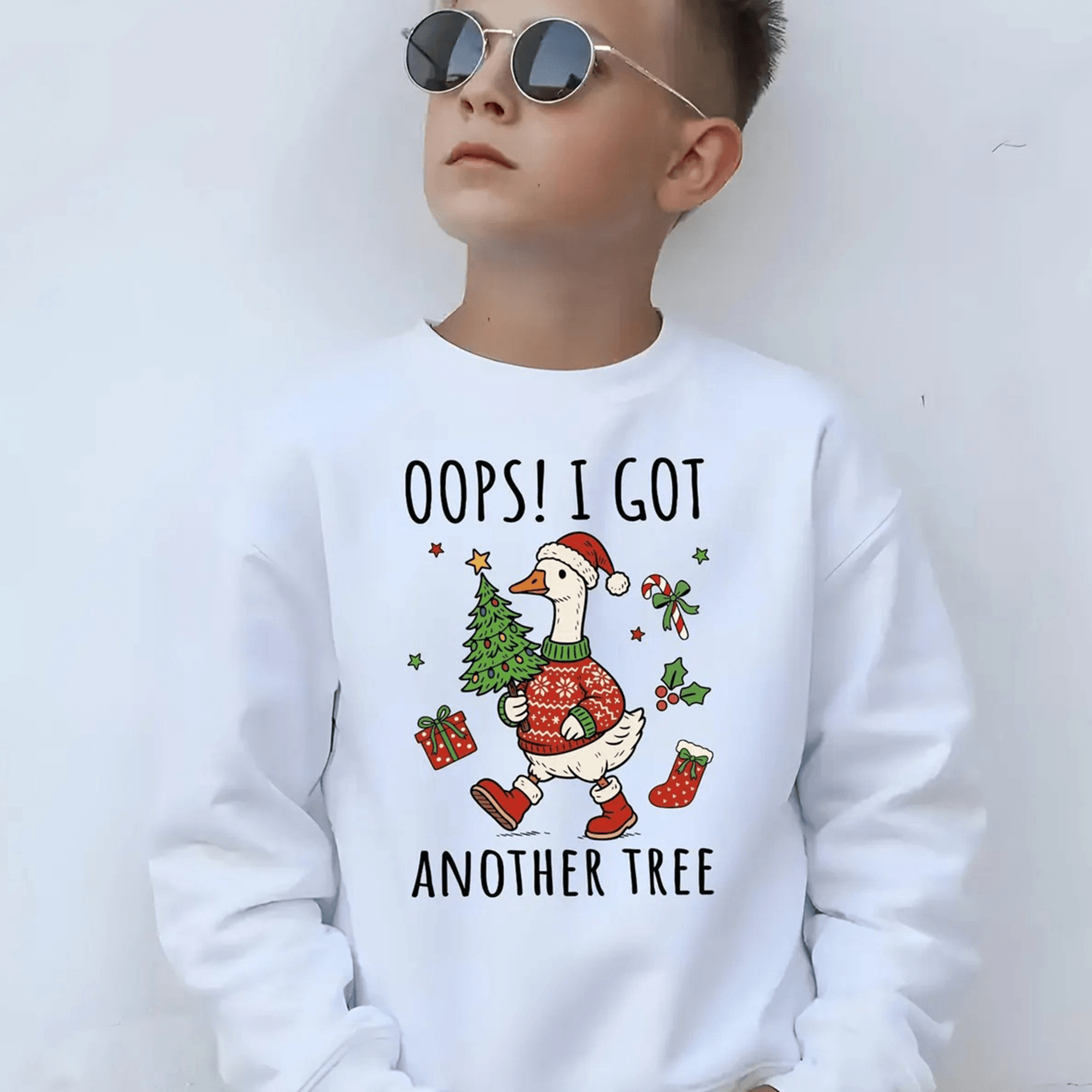 oops i got another tree youth t-shirt & sweatshirt, funny christmas goose shirt, cute holiday graphic gift
