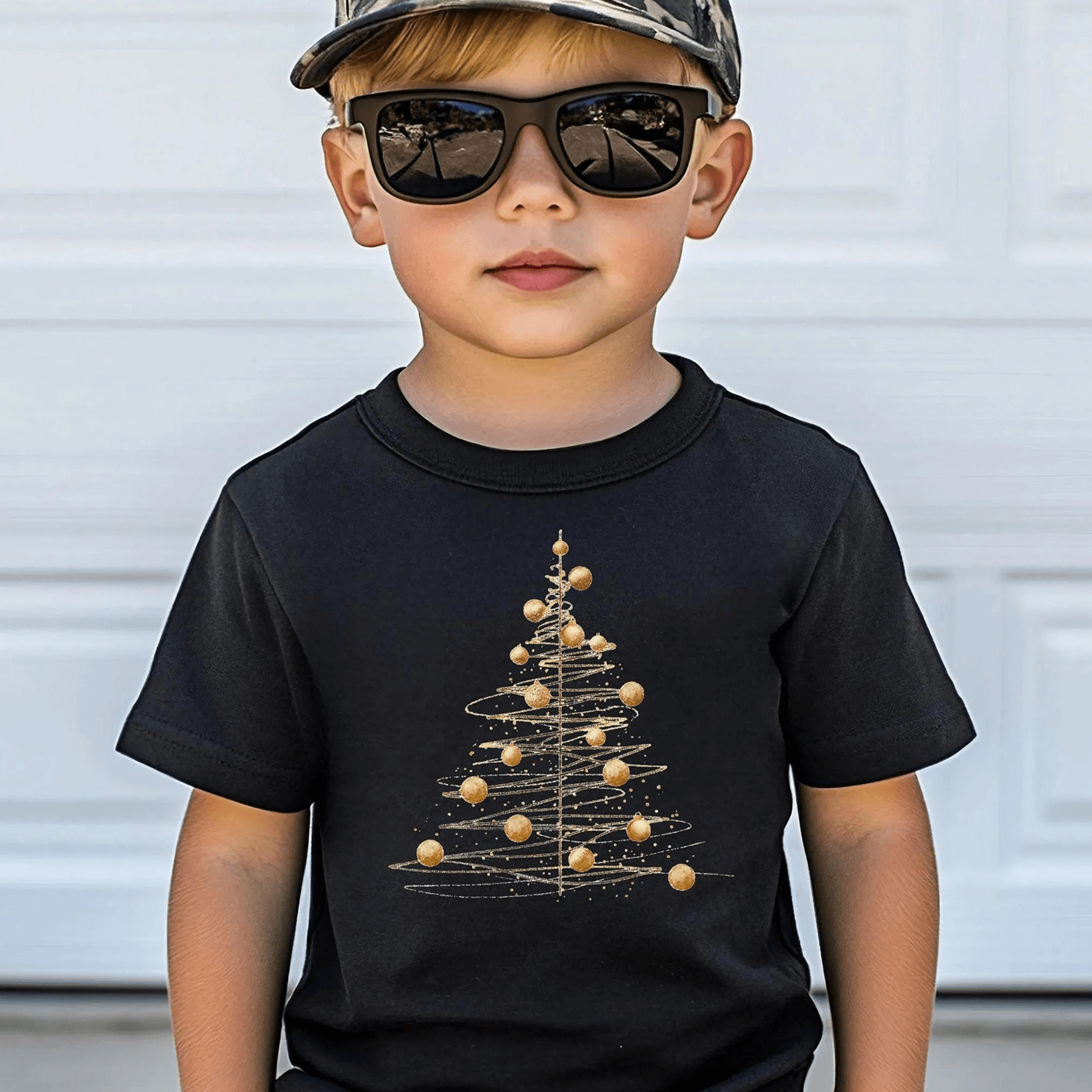 minimal gold christmas tree baby romper & kids t-shirt, modern holiday outfit, elegant christmas gift