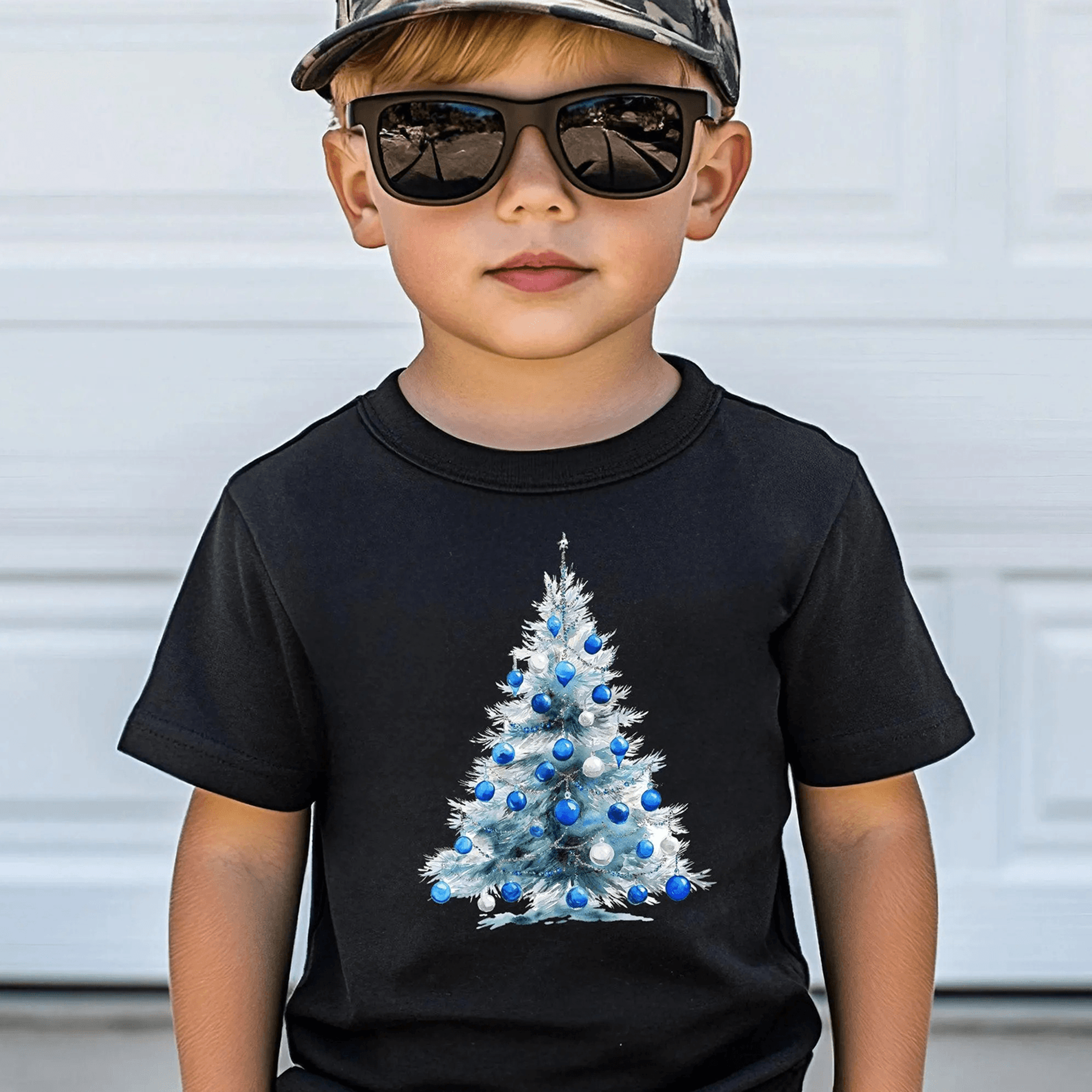 blue christmas tree baby romper & kids t-shirt, winter holiday outfit, christmas tree graphic gift