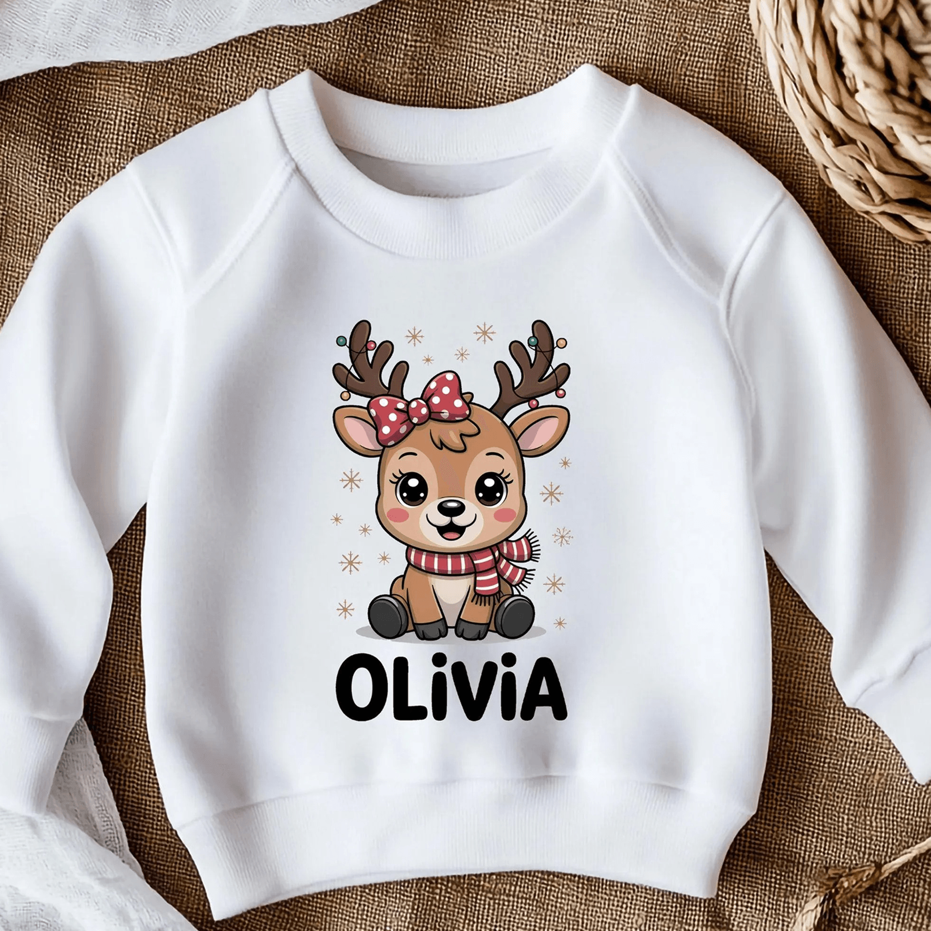 personalized reindeer youth t-shirt & sweatshirt, custom christmas name shirt, cute deer holiday gift for kids