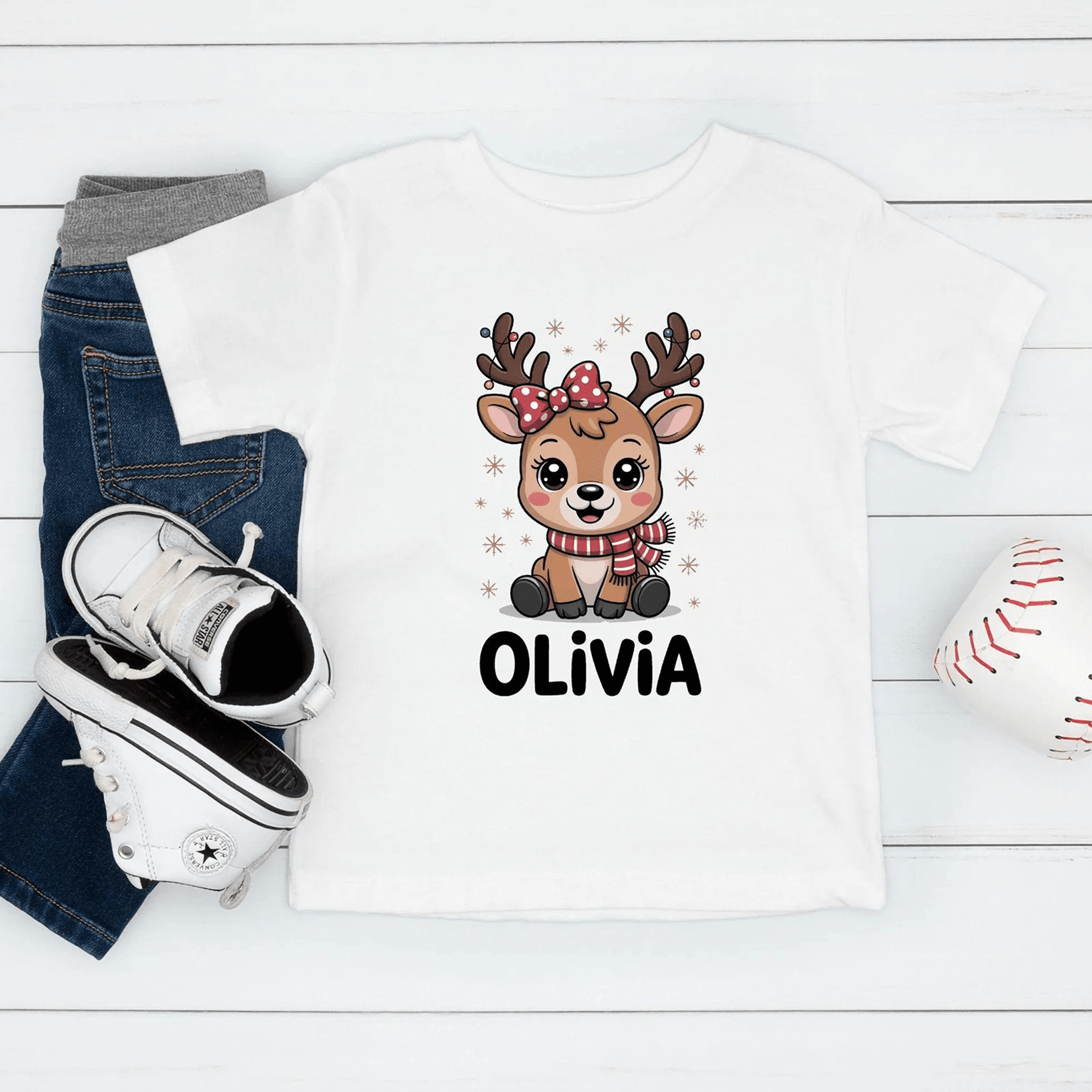 personalized reindeer baby romper & kids t-shirt, custom christmas name outfit, cute deer holiday gift