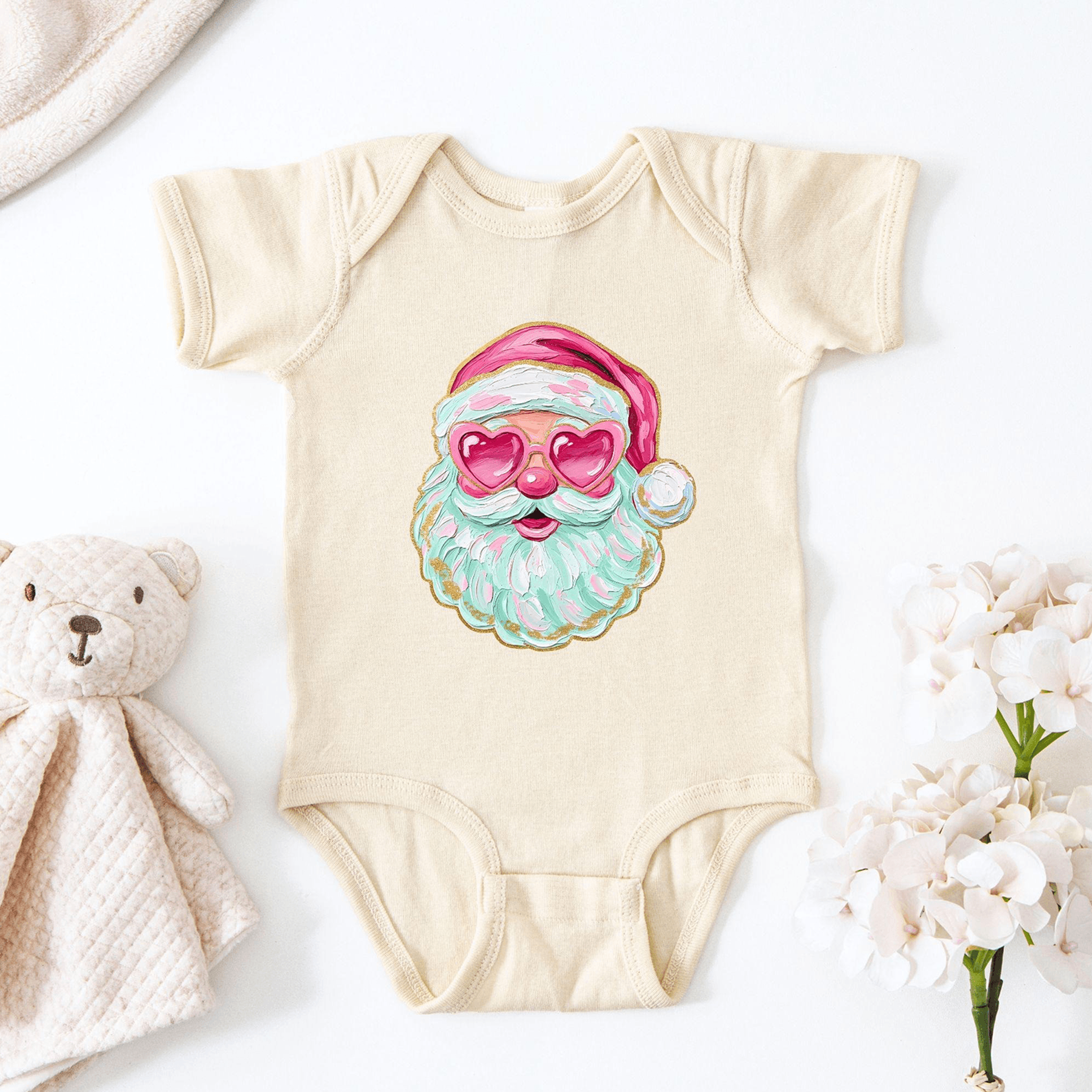 retro pink santa baby romper & kids t-shirt, cute christmas santa face, heart sunglasses holiday outfit, vintage xmas gi