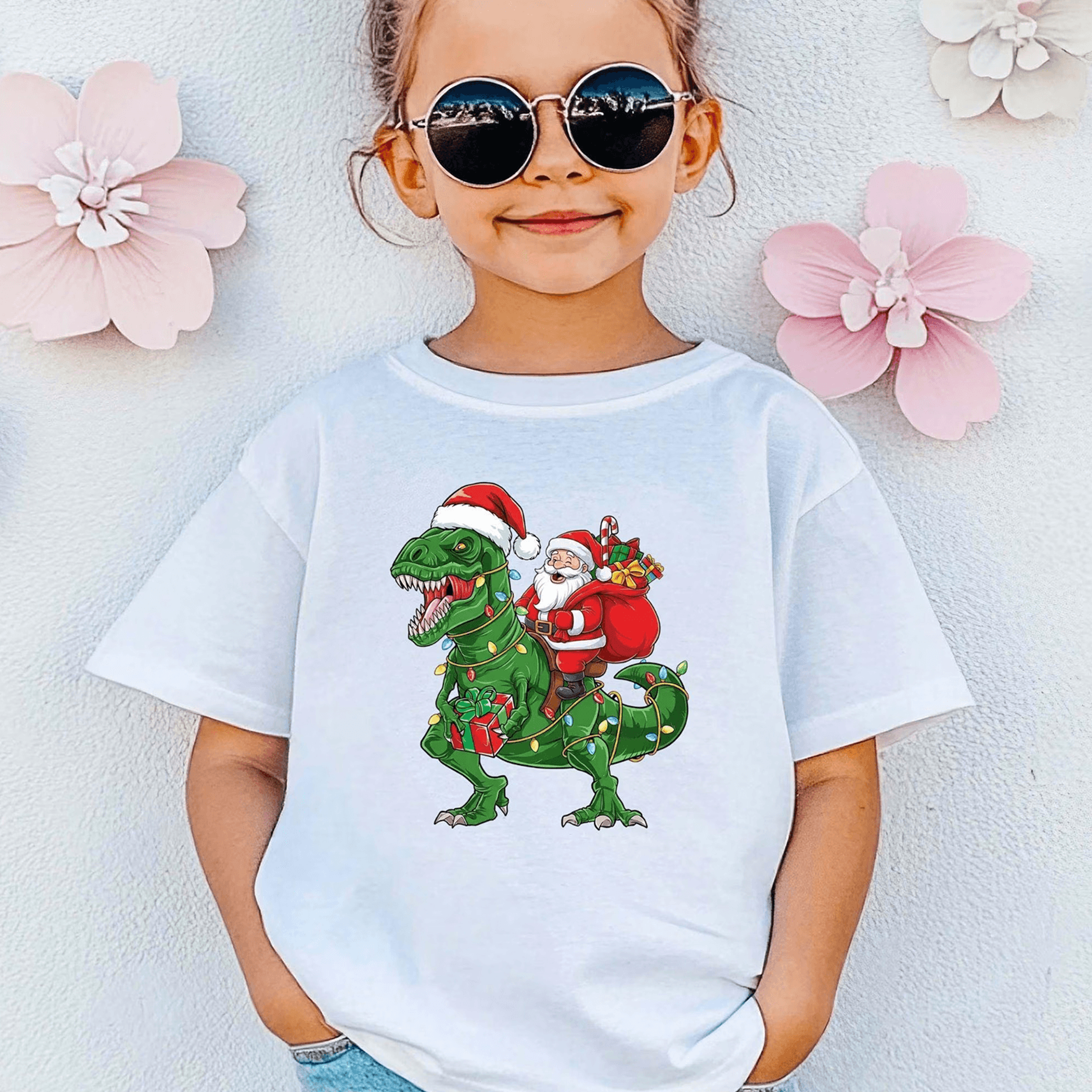 santa riding t rex dinosaur kids christmas shirt, funny dino xmas t-shirt, baby romper, holiday gift for boys girls
