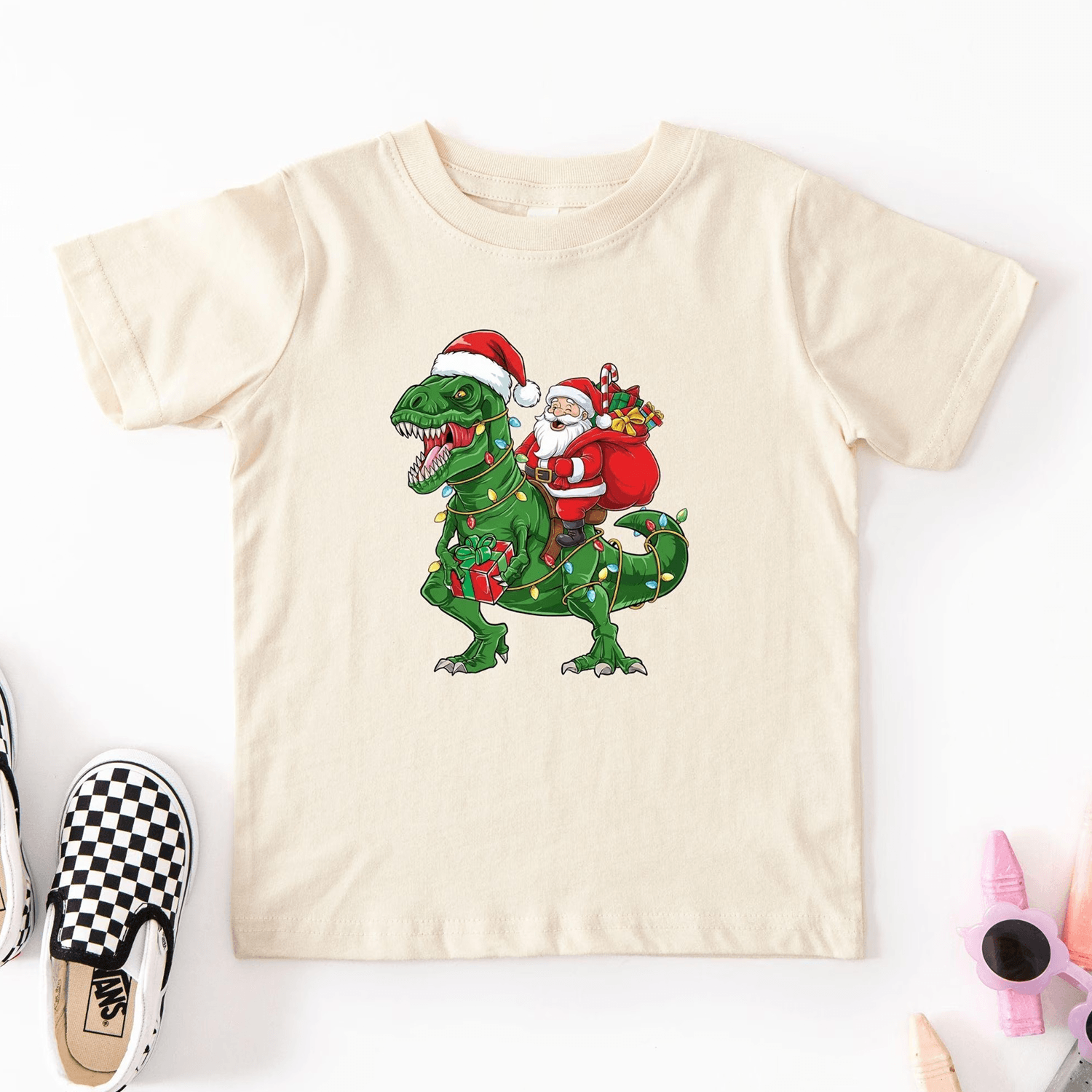 santa riding dinosaur baby romper & kids christmas shirt, funny t rex xmas outfit, holiday gift for dino lovers