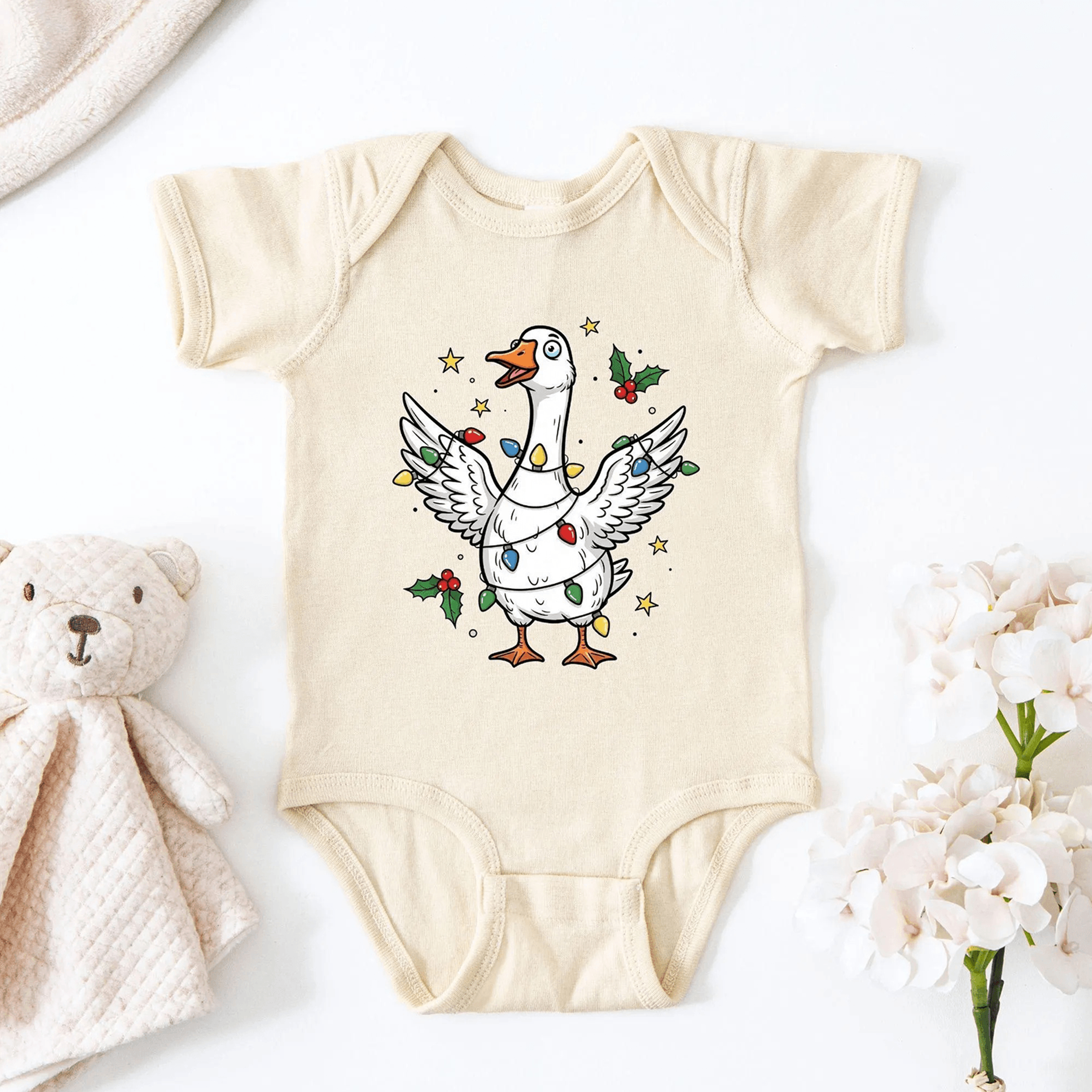 funny christmas goose baby romper & kids t-shirt, cute holiday goose shirt, festive xmas bird outfit for boys girls