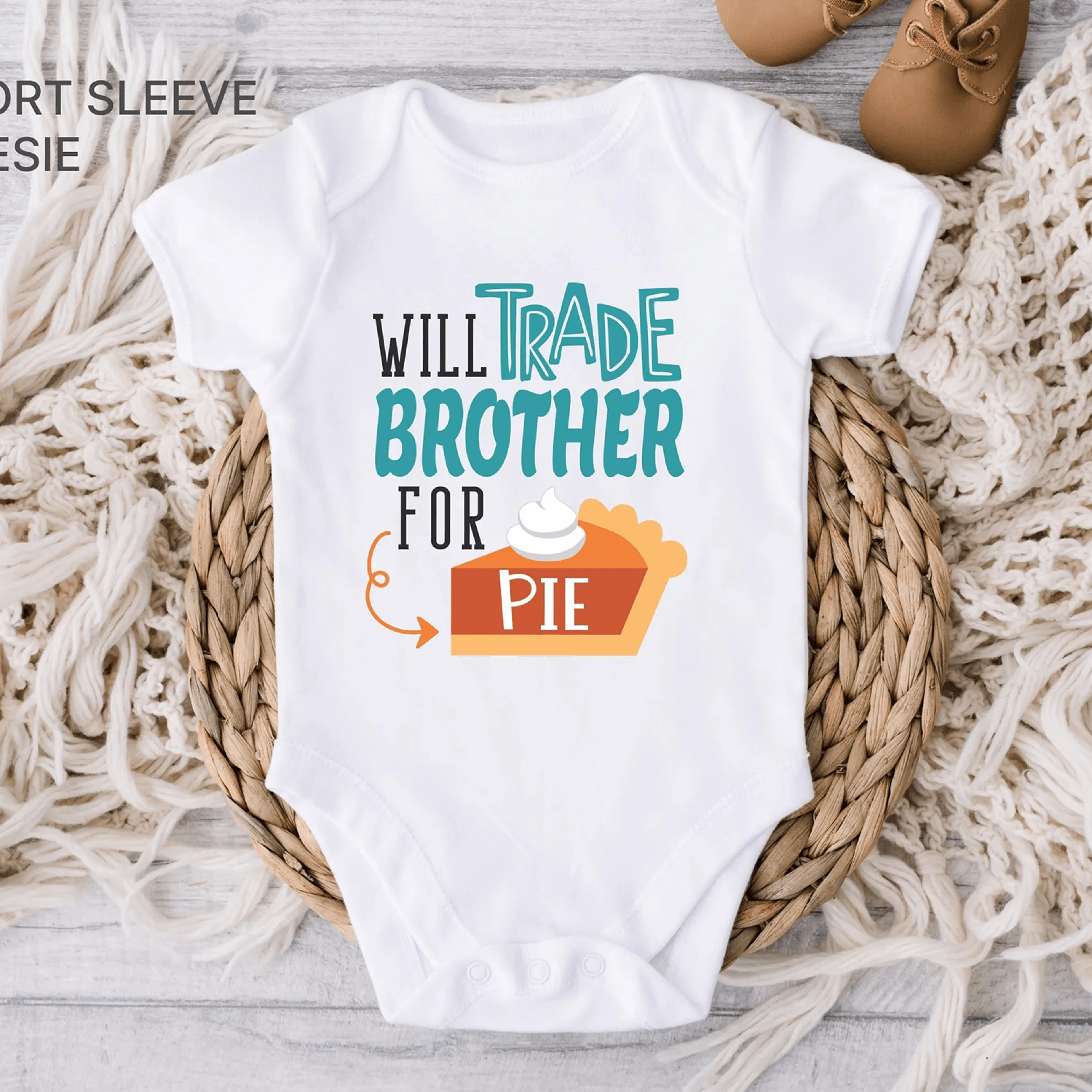 will trade brother for pie baby bodysuit, funny thanksgiving baby shirt, sibling humor onesie, thanksgiving baby outfit