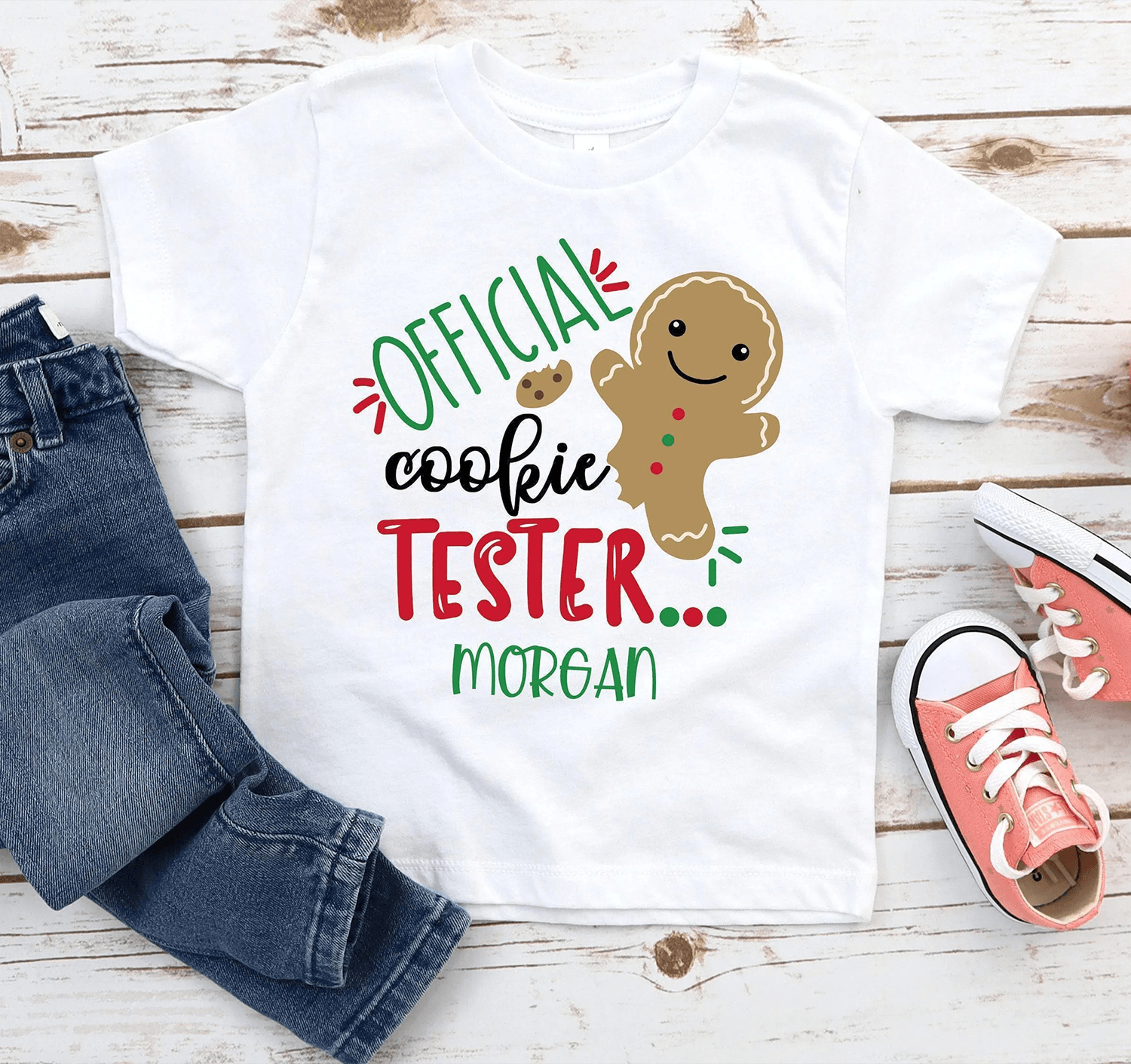 personalized official cookie tester kids shirt, gingerbread christmas shirt, custom name holiday t-shirt for kids