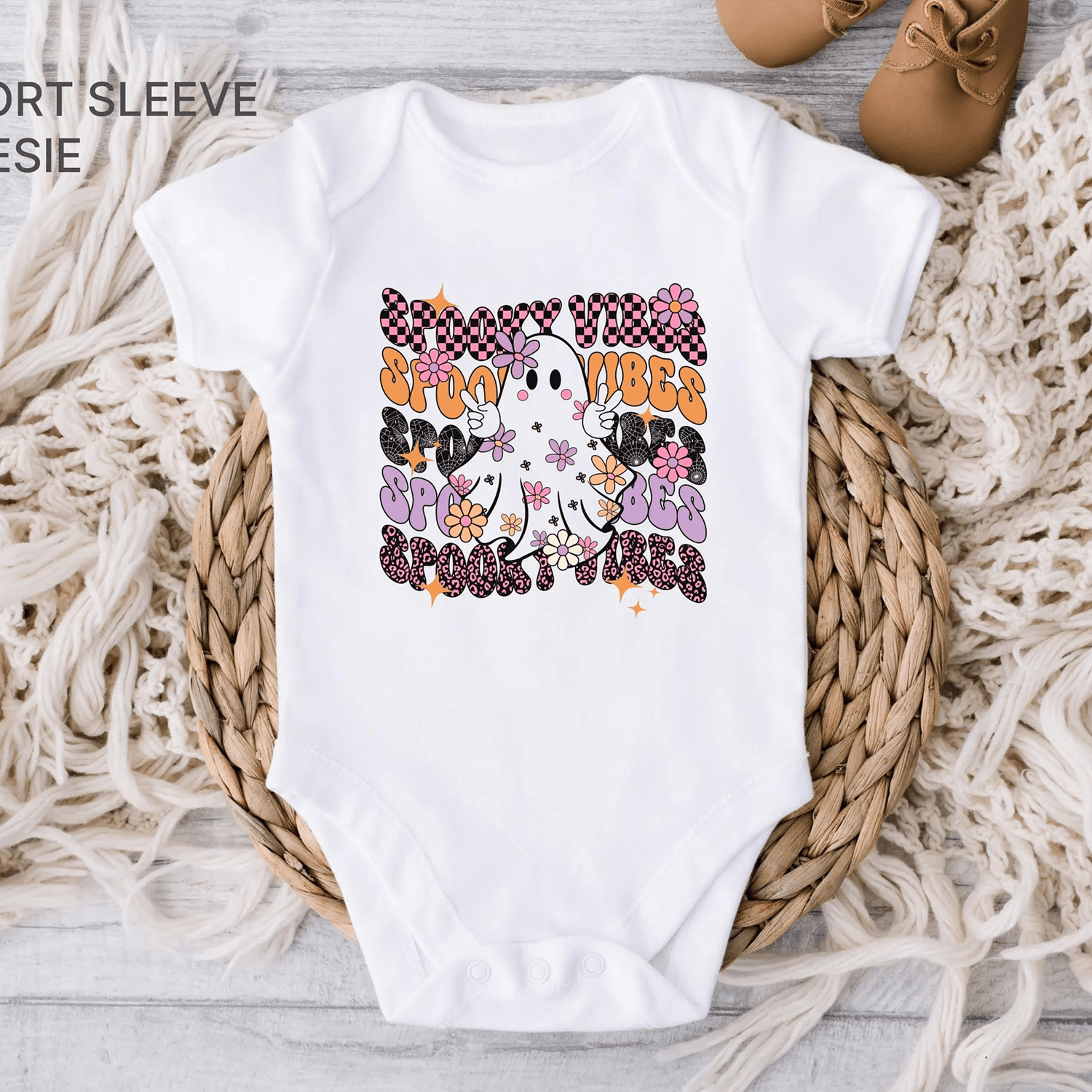 spooky vibes baby romper, cute ghost baby shirt, halloween baby bodysuit, floral ghost kids tee outfit
