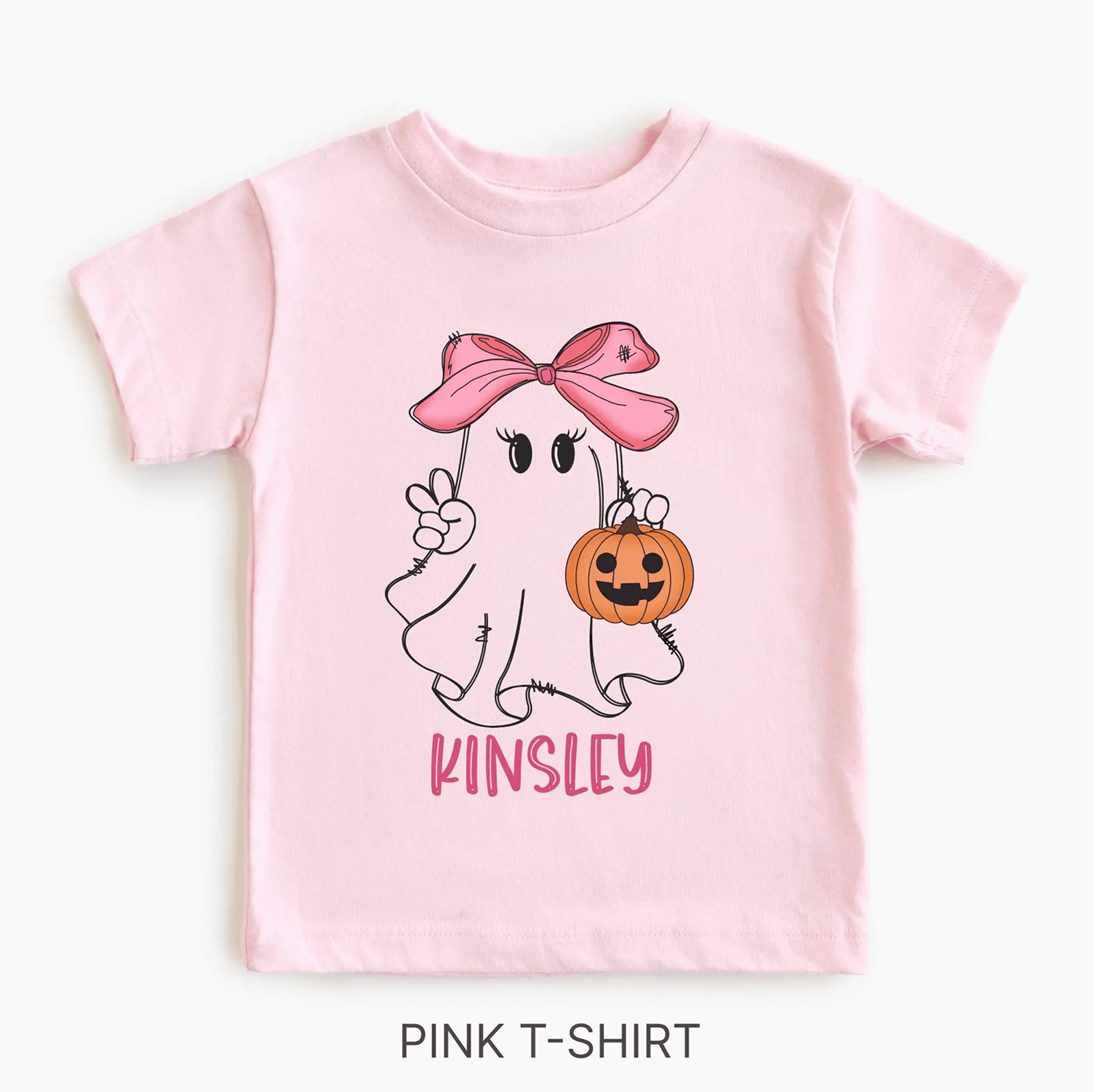 personalized ghost youth shirt, custom halloween name youth sweatshirt, cute pink bow ghost youth tee gift