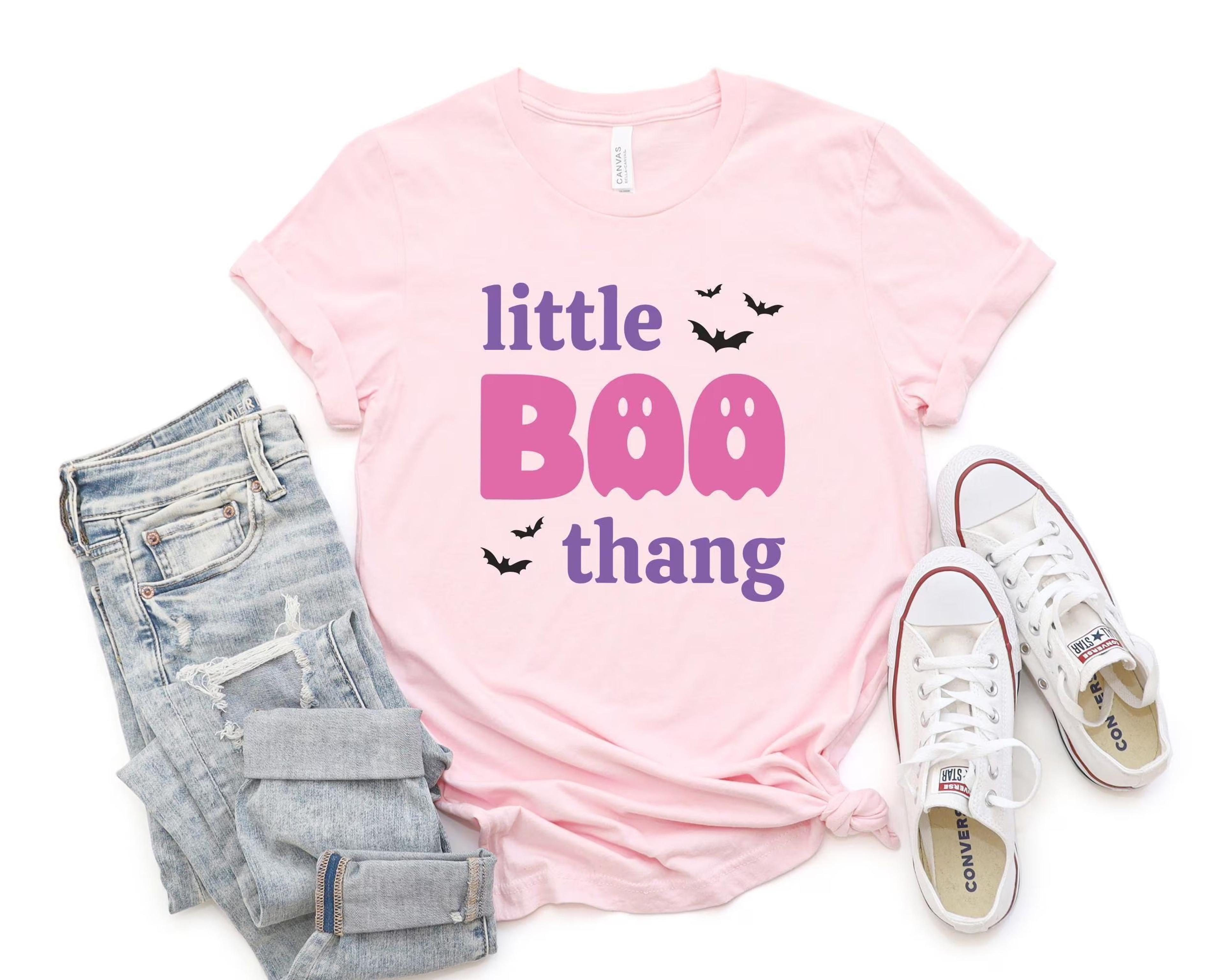 little boo thang kids halloween shirt, cute ghost toddler tee, pink purple halloween t-shirt, spooky season kids shirt