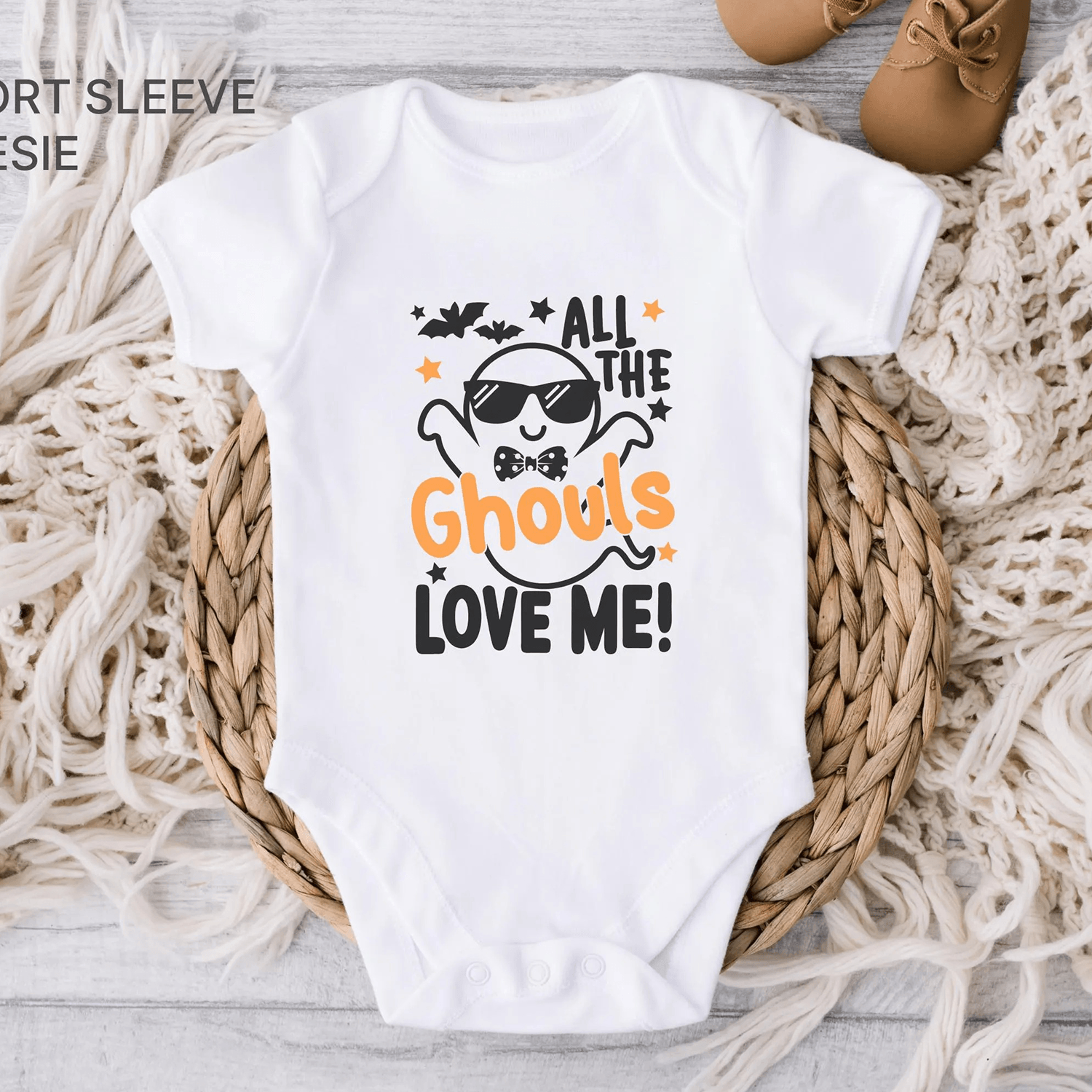 all the ghouls love me baby onesie, funny ghost halloween bodysuit, baby boy halloween romper, cute spooky baby outfit