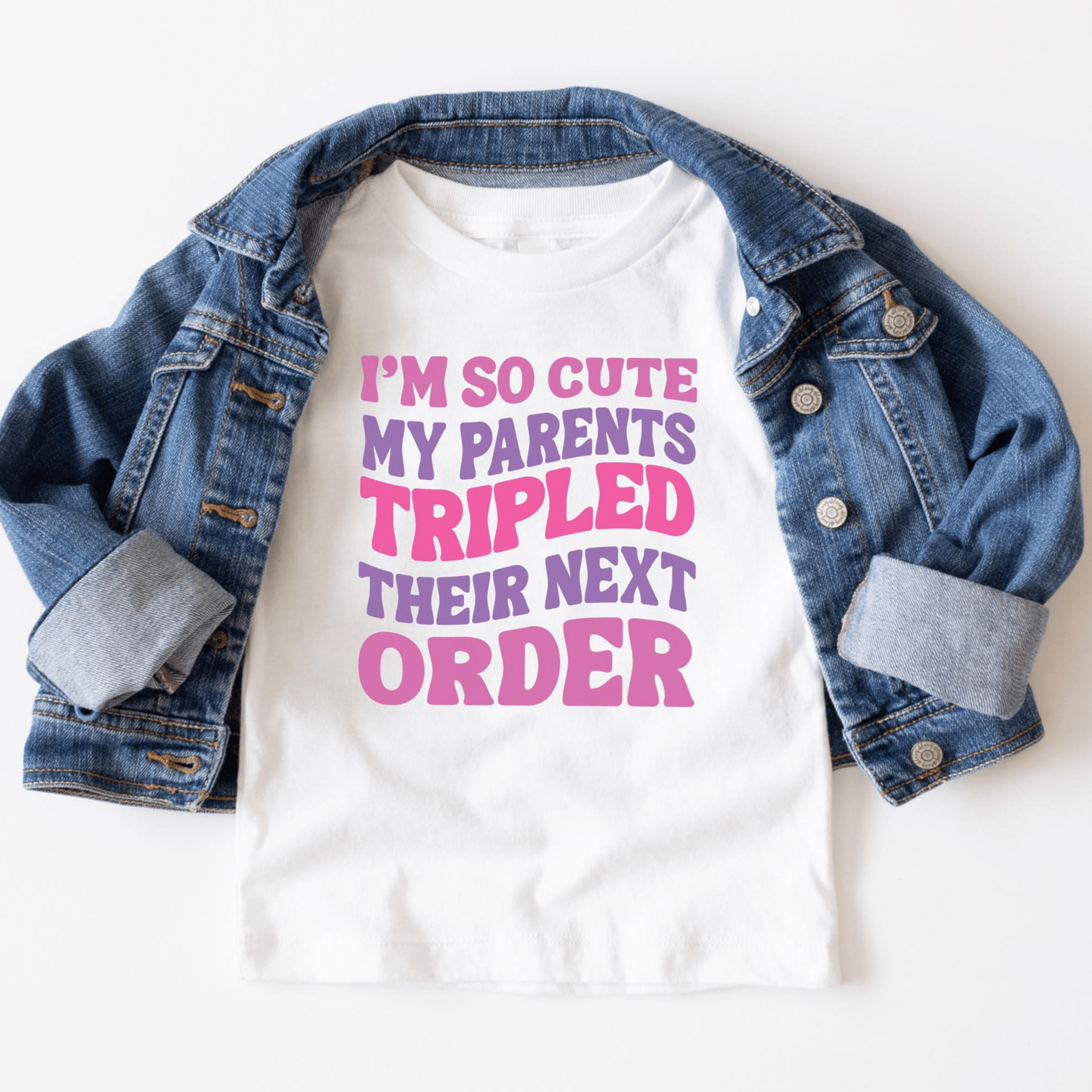 funny triplet pregnancy announcement shirt, parents tripled their next order tee, triplets reveal kids shirt