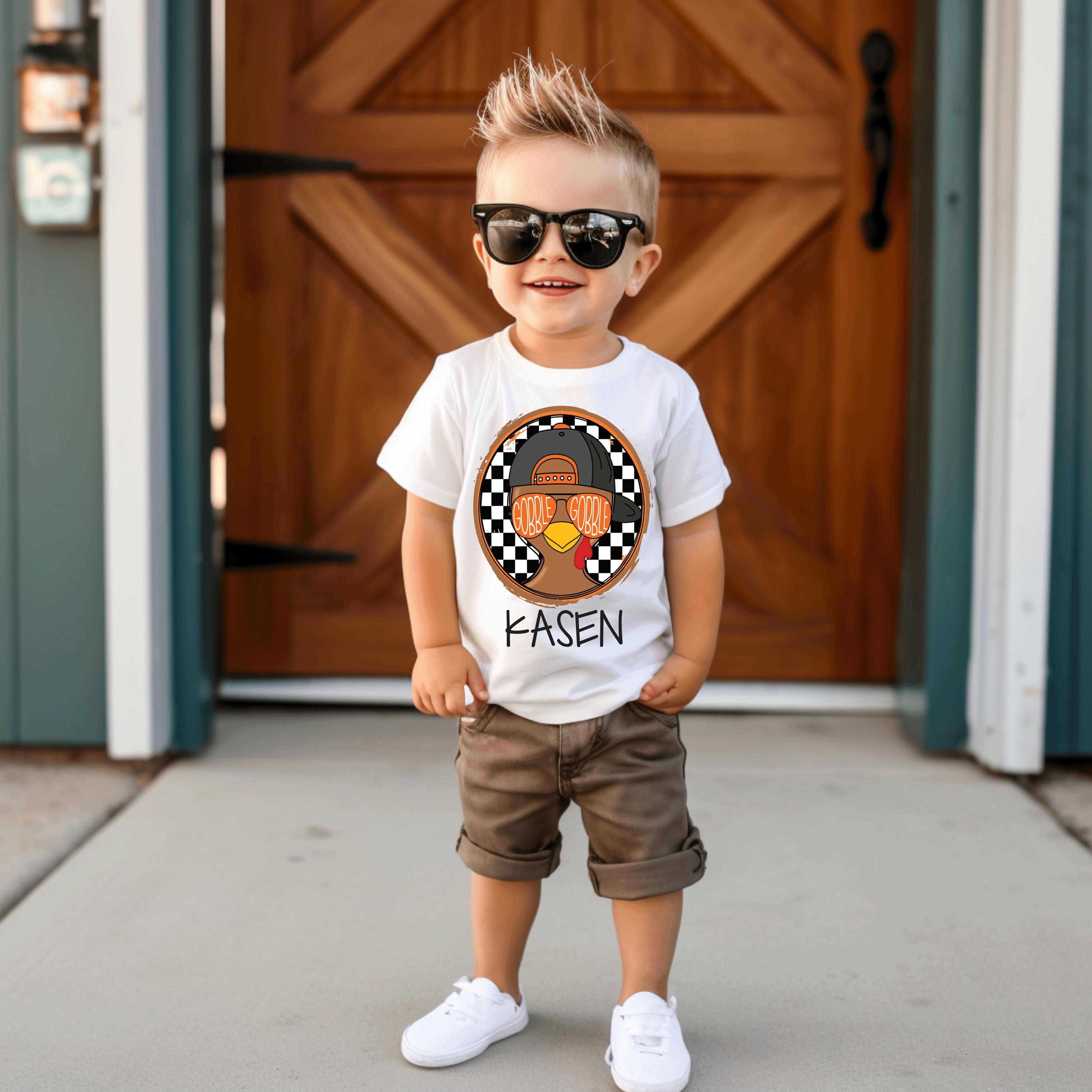 personalized kids thanksgiving shirt, custom turkey name tee, toddler boy girl fall outfit, family holiday gift