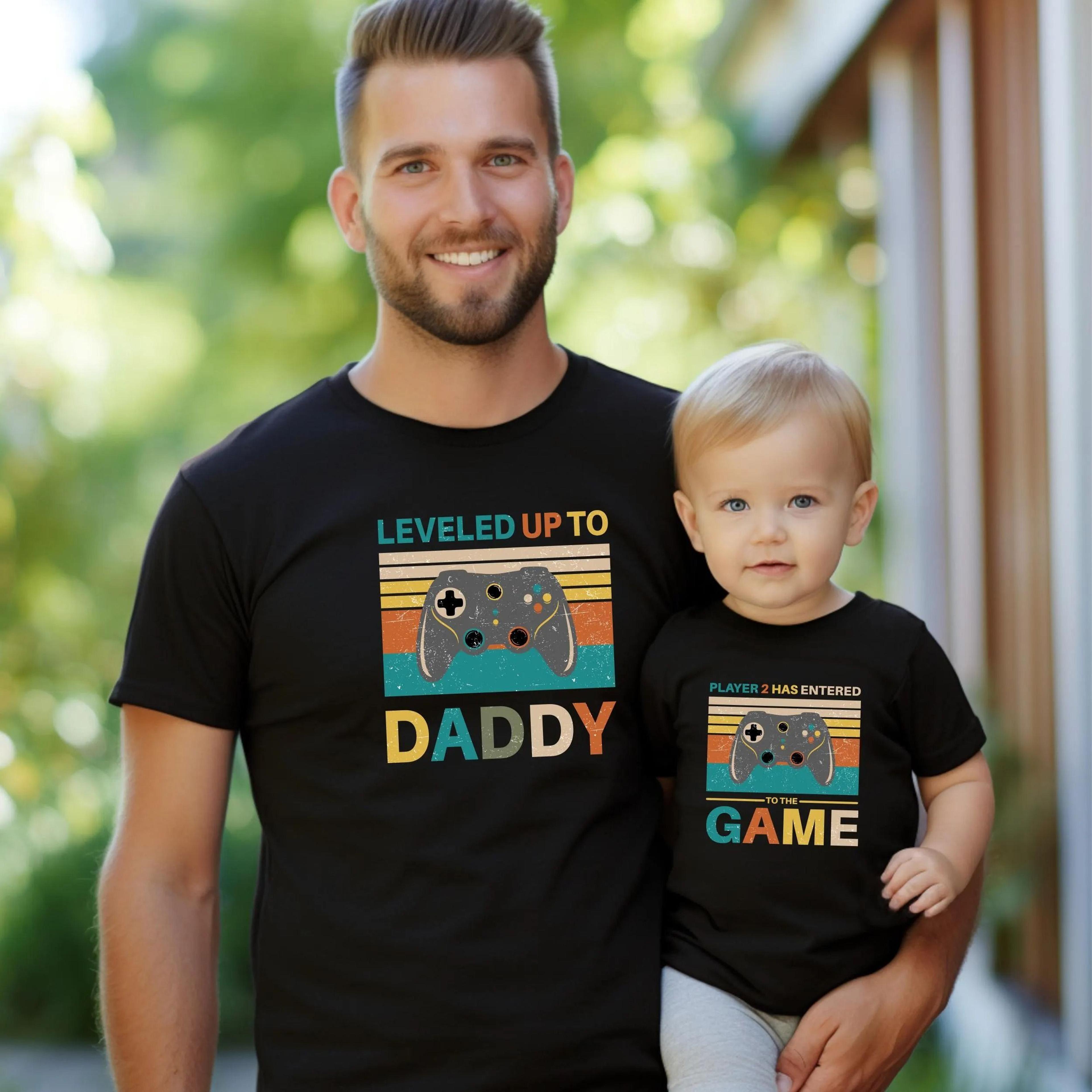 matching daddy and baby gamer shirts, leveled up to daddy shirt, player 2 has entered the game bodysuit