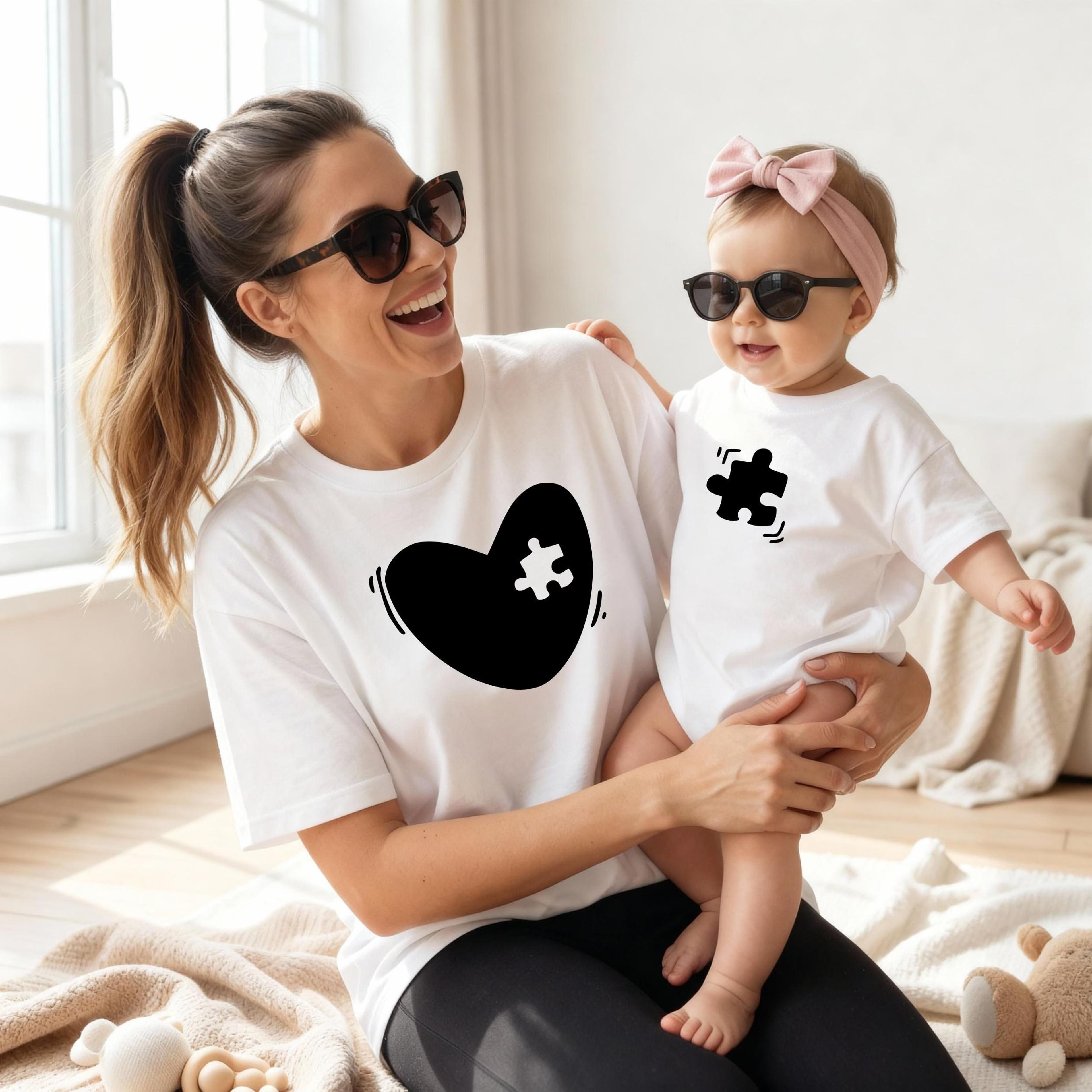 autism mom and baby matching shirts, autism awareness matching outfit, mommy and me shirts, puzzle piece family shirts