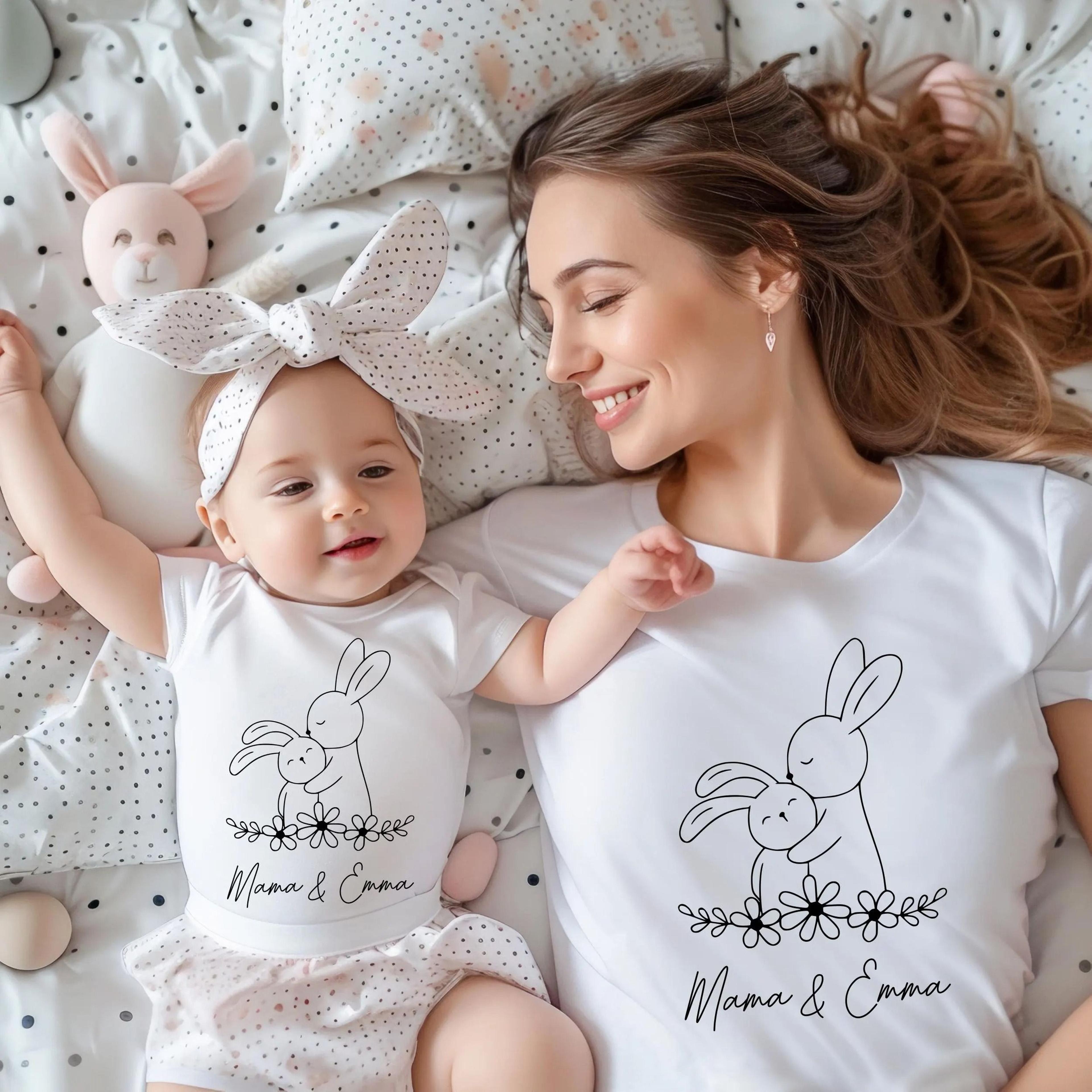 personalized mommy and me matching shirts, mama and mini bunny shirts, custom mother daughter outfit, baby bodysuit