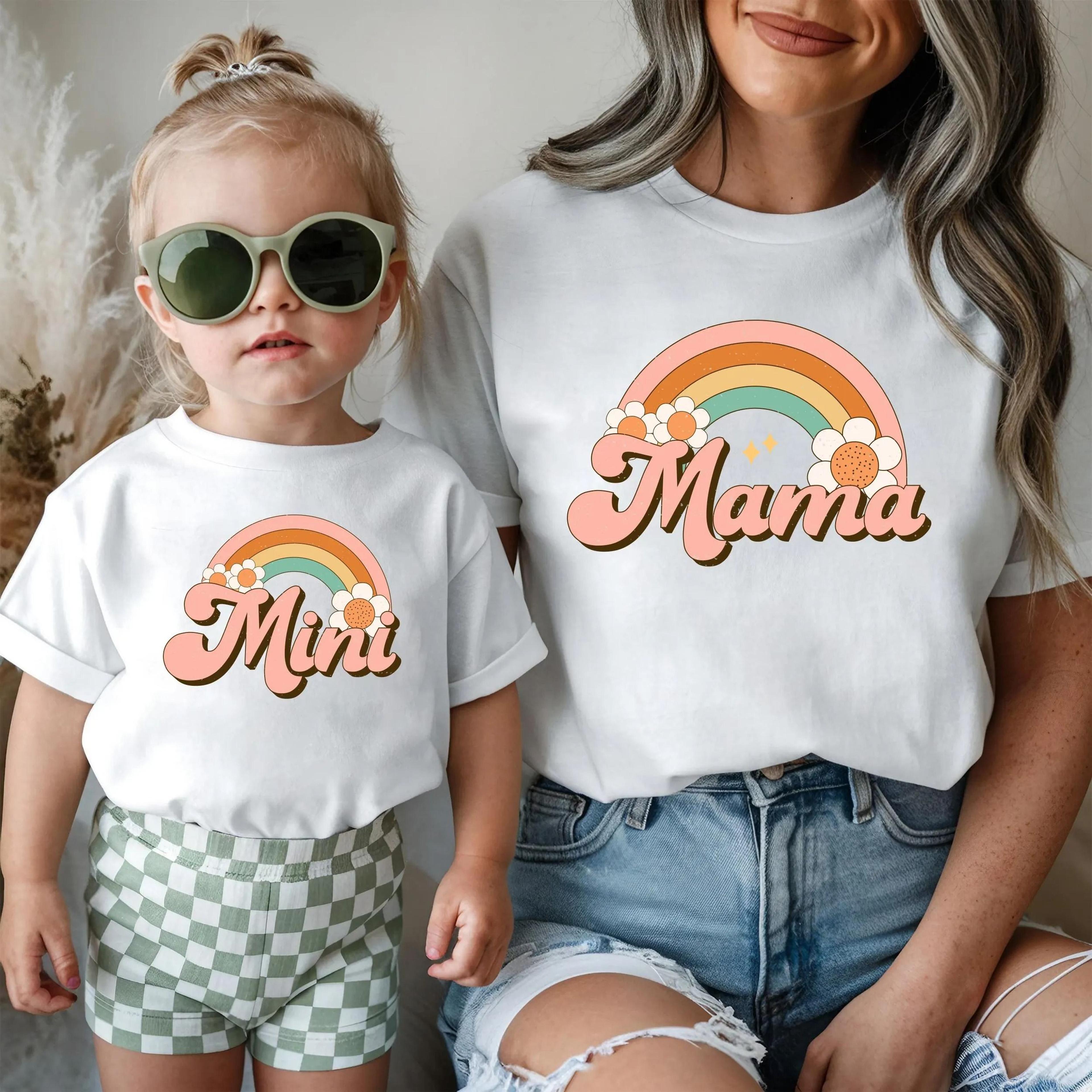 mama mini matching shirts, mommy and me rainbow shirts, retro mama mini tee, mother daughter matching outfit