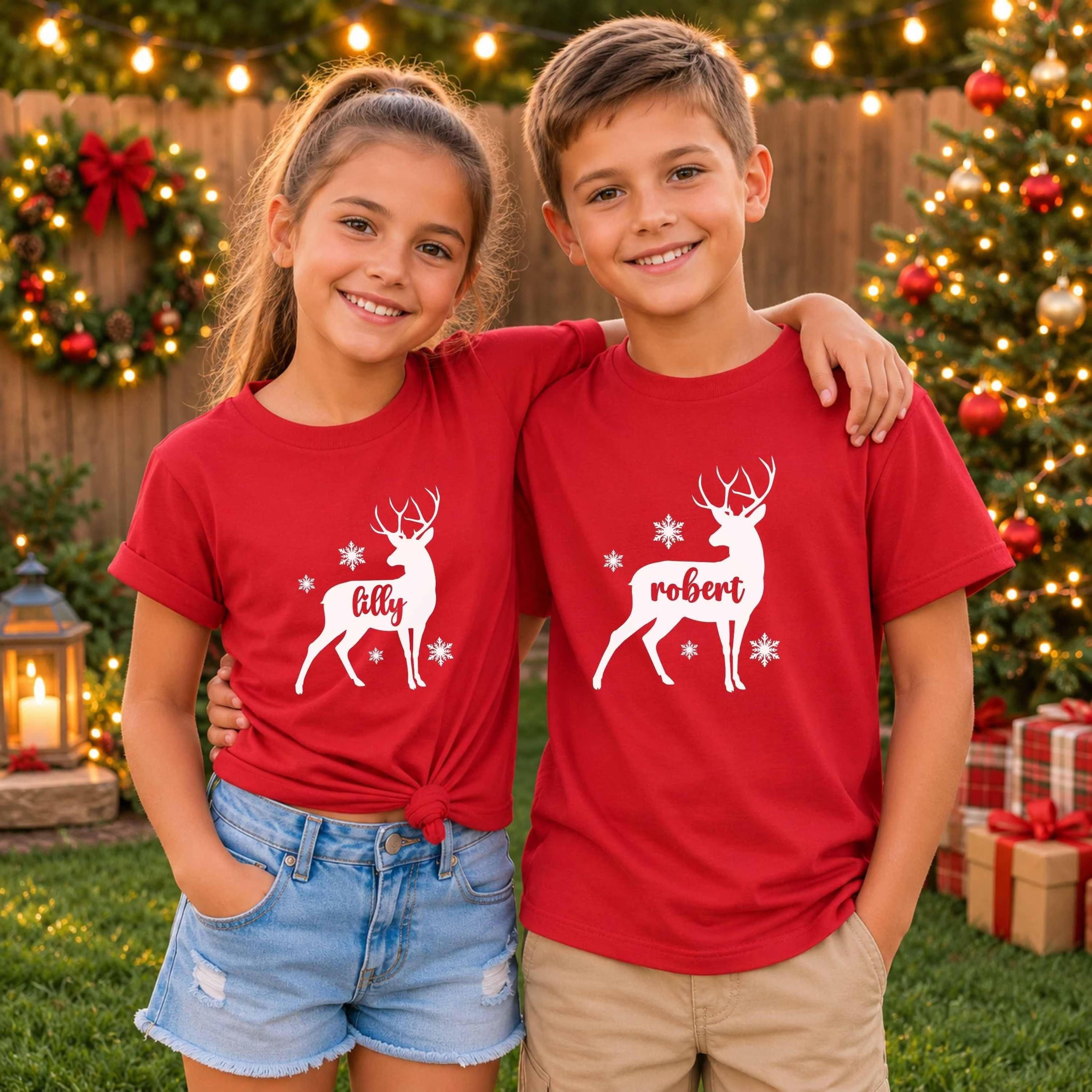 personalized kids christmas shirt, custom name reindeer shirt, matching sibling christmas tee, personalized christmas