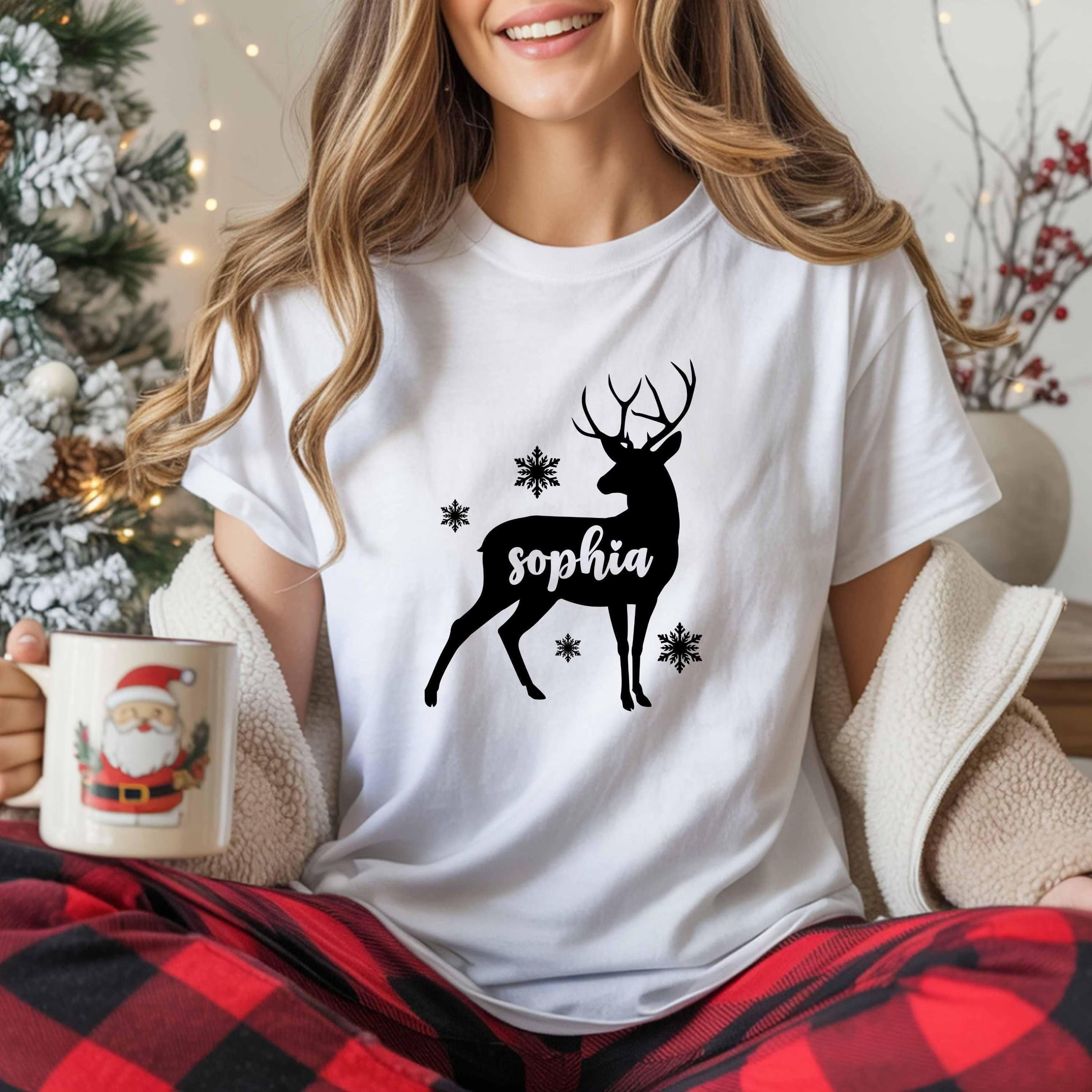 personalized reindeer christmas shirt, custom name christmas tee, deer christmas shirt, holiday pajama shirt
