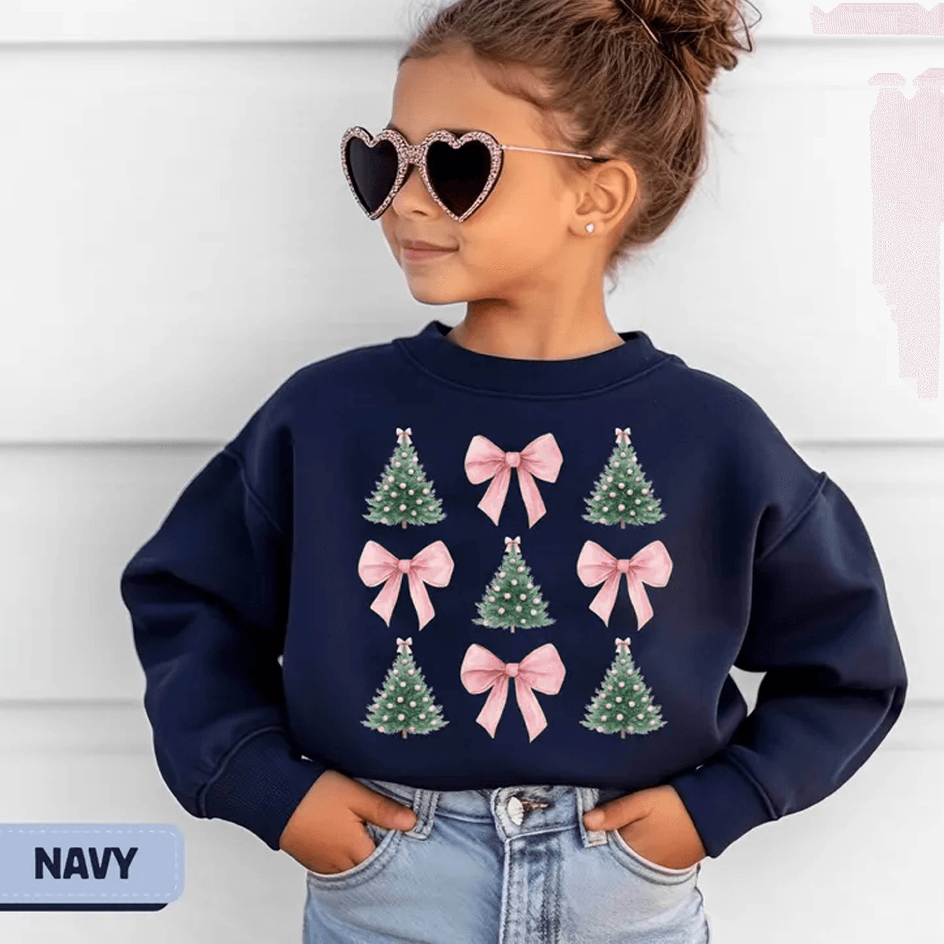 christmas tree bow youth sweatshirt, pink coquette christmas crewneck, cute holiday sweatshirt, christmas gift for girls