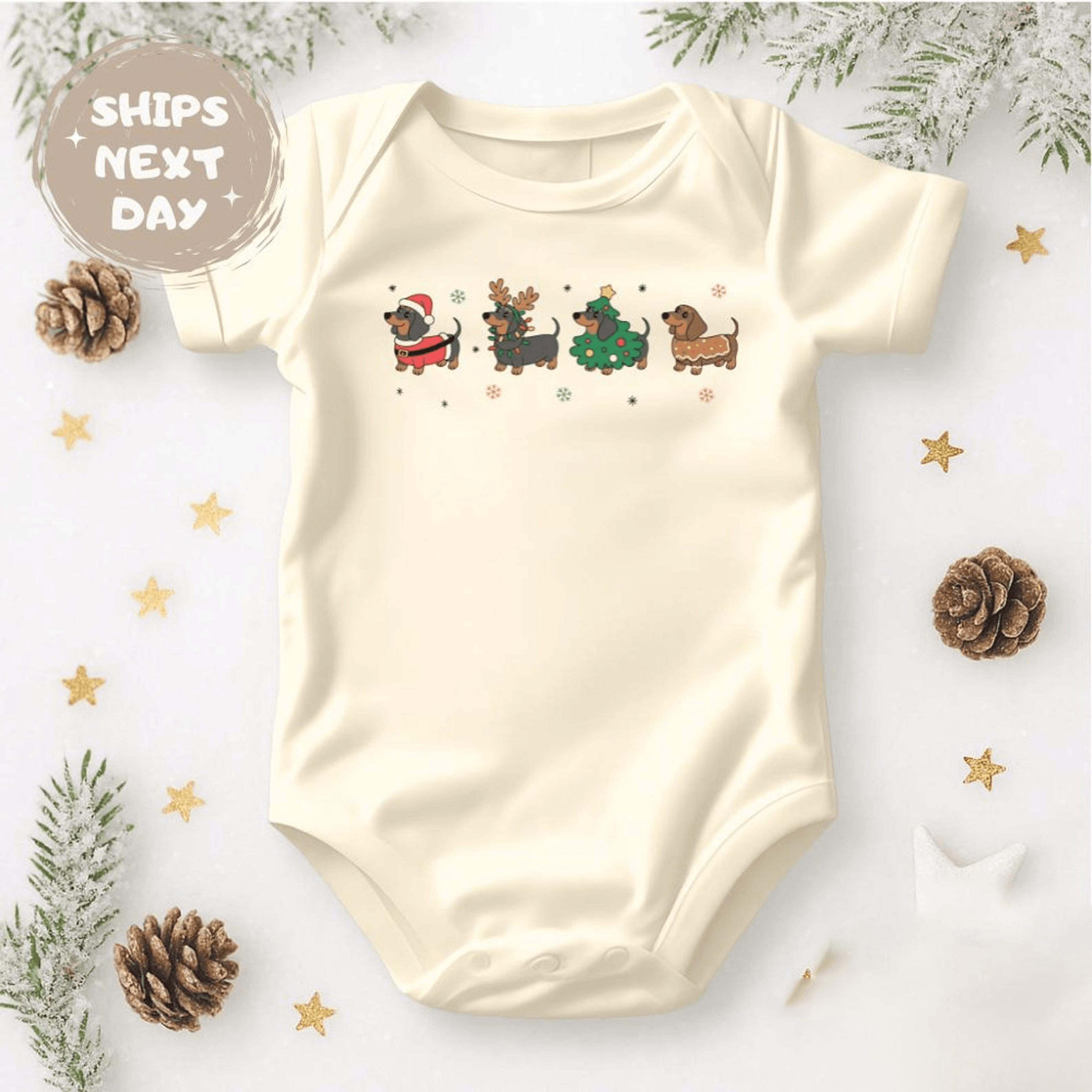 christmas dachshund baby bodysuit, cute wiener dog christmas onesie, funny dog baby outfit, newborn holiday gift