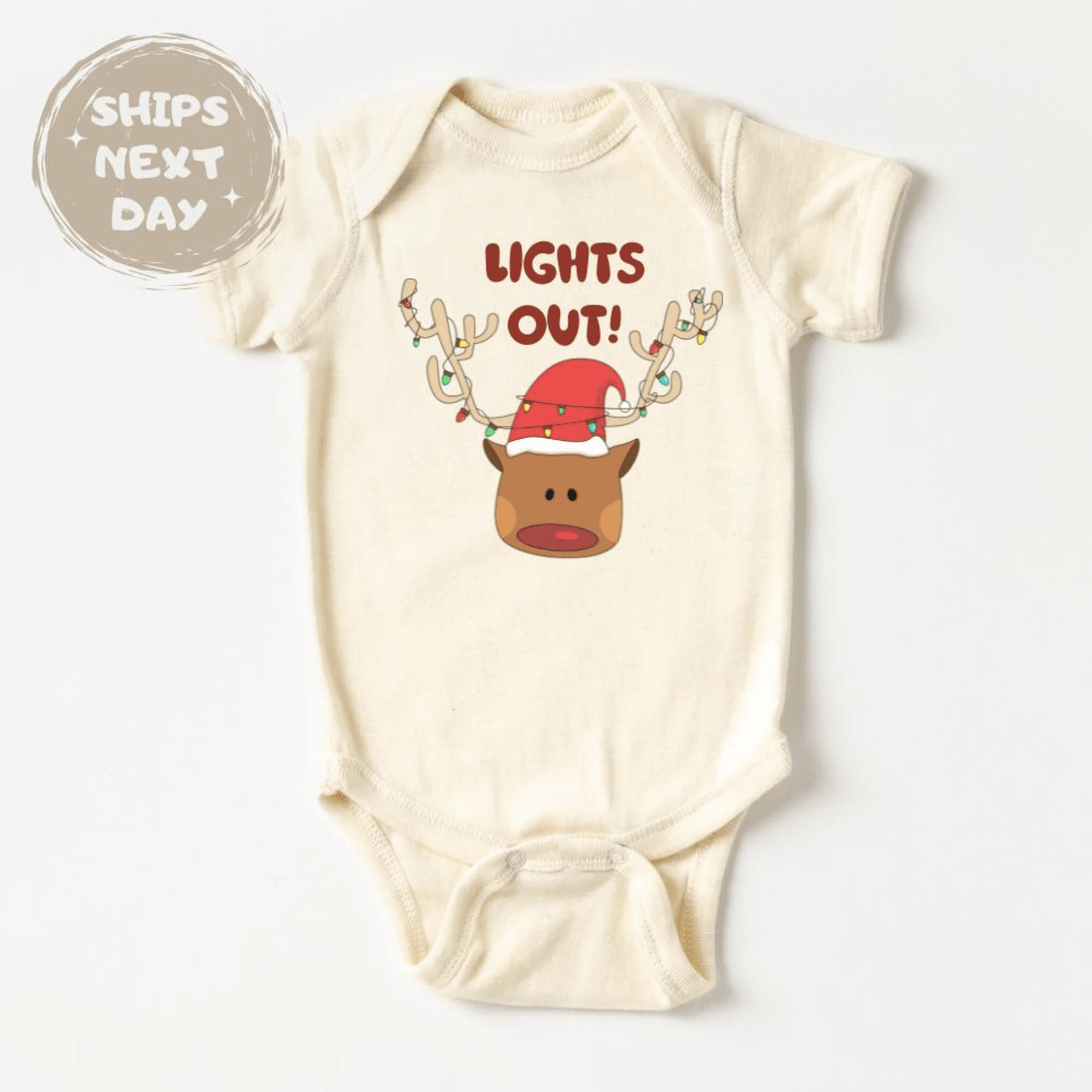 cute reindeer baby bodysuit, lights out christmas baby onesie, funny holiday baby outfit, newborn christmas gift