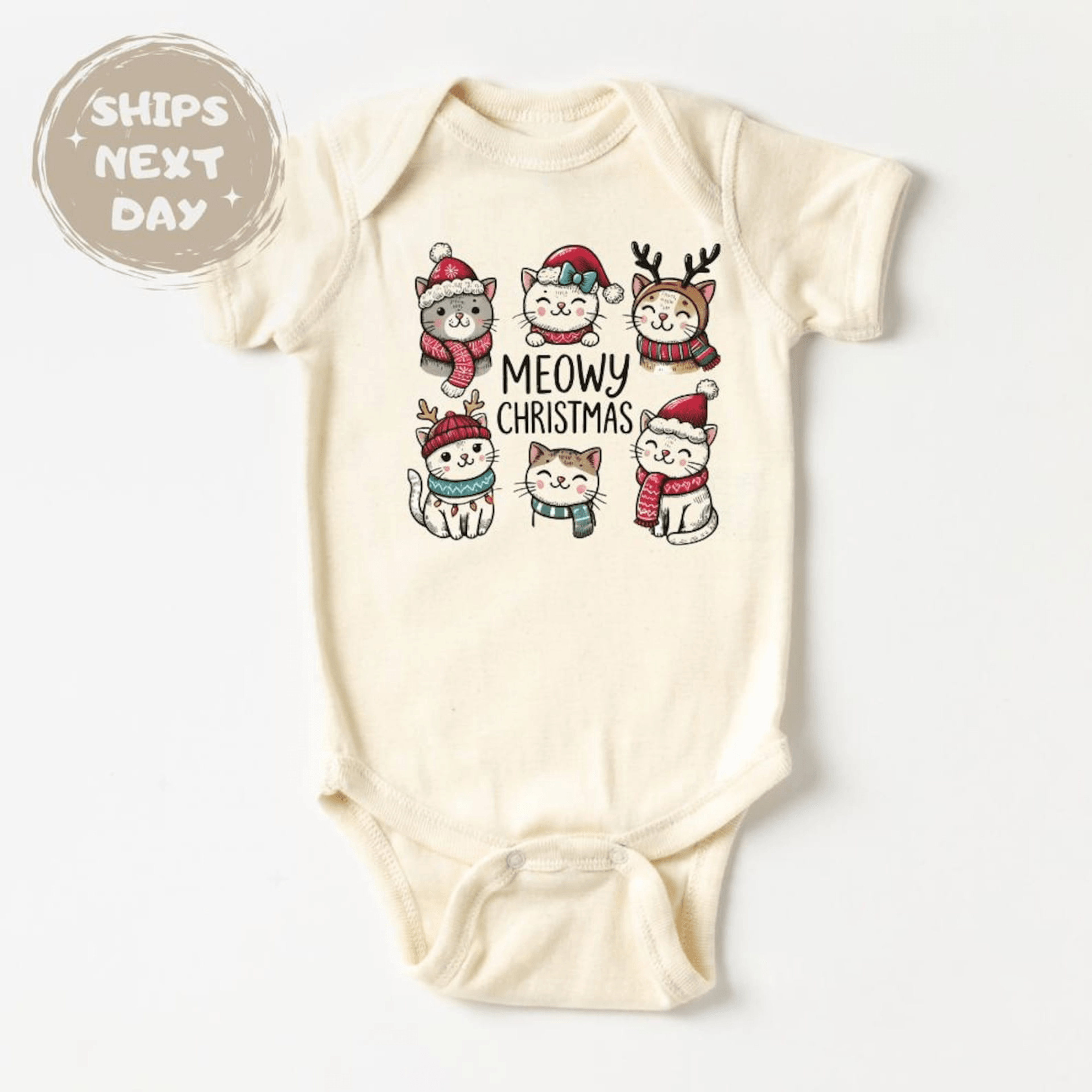 meowy christmas baby bodysuit, cute christmas cat baby onesie, holiday baby outfit, cat lover baby gift