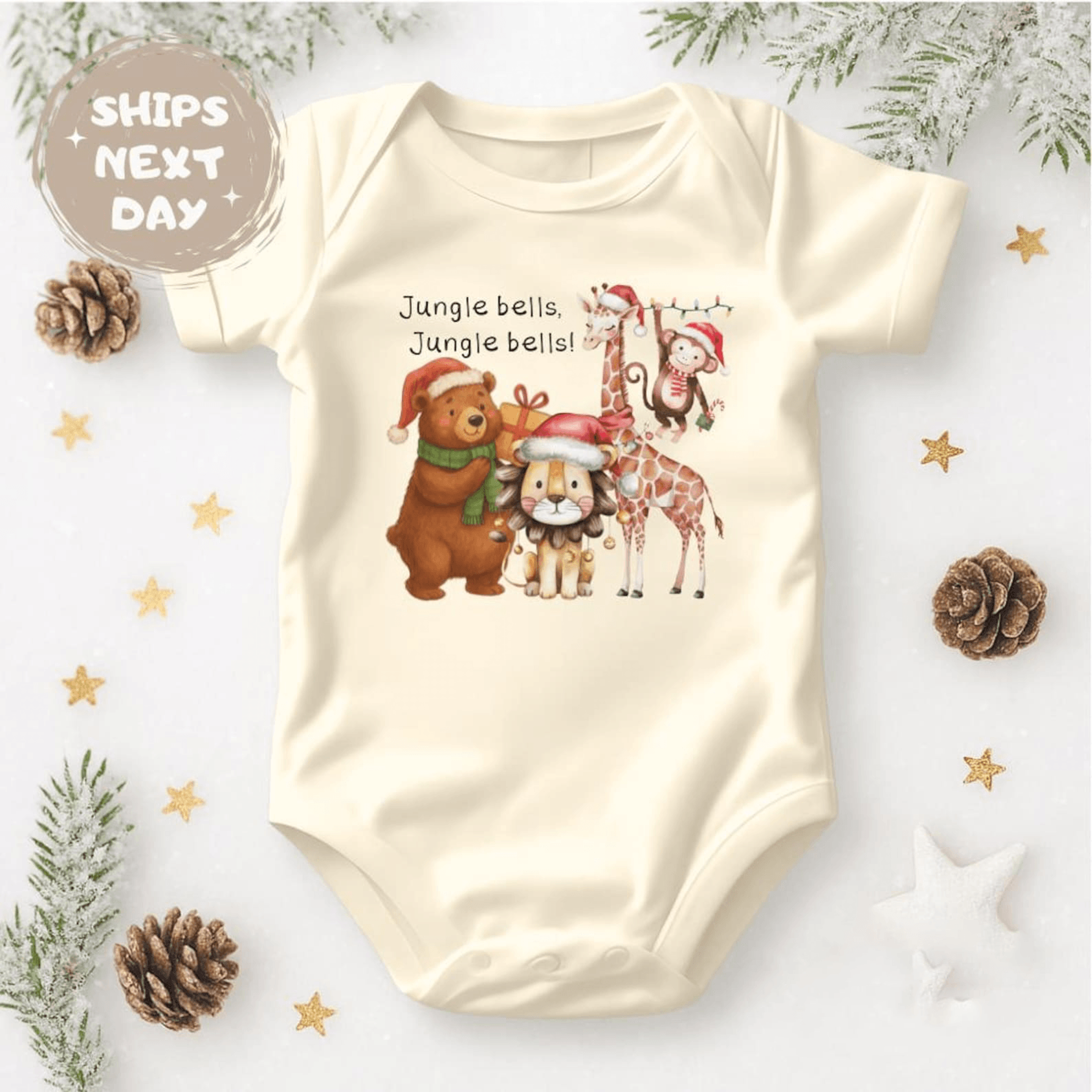 jungle bells christmas baby bodysuit, cute jungle animal baby onesie, holiday baby outfit, first christmas gift
