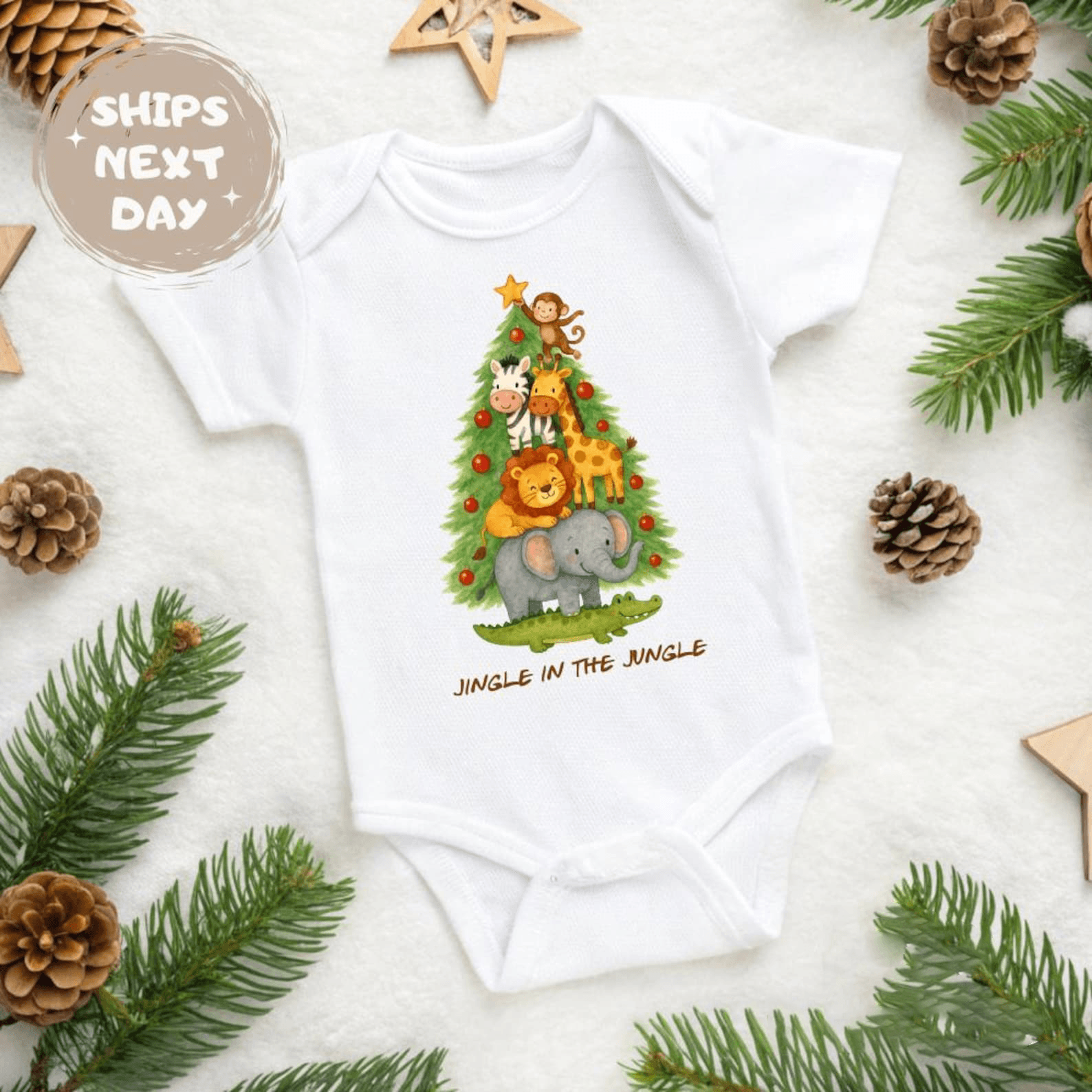 jingle in the jungle christmas baby bodysuit, jungle animal baby onesie, holiday baby outfit, first christmas gift