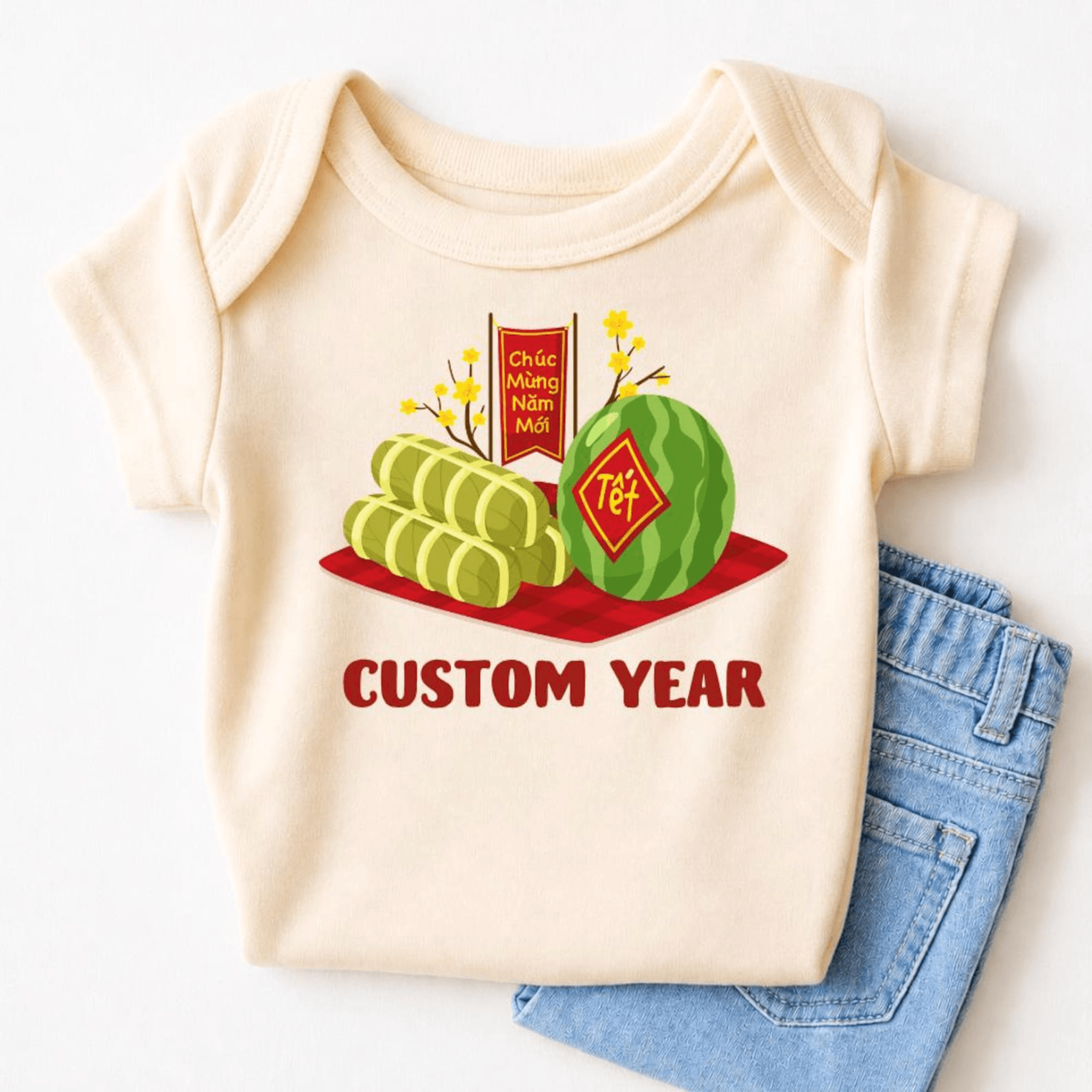 chuc mung nam moi viet baby bodysuit, vietnamese tet baby onesie, lunar new year baby outfit, newborn gift