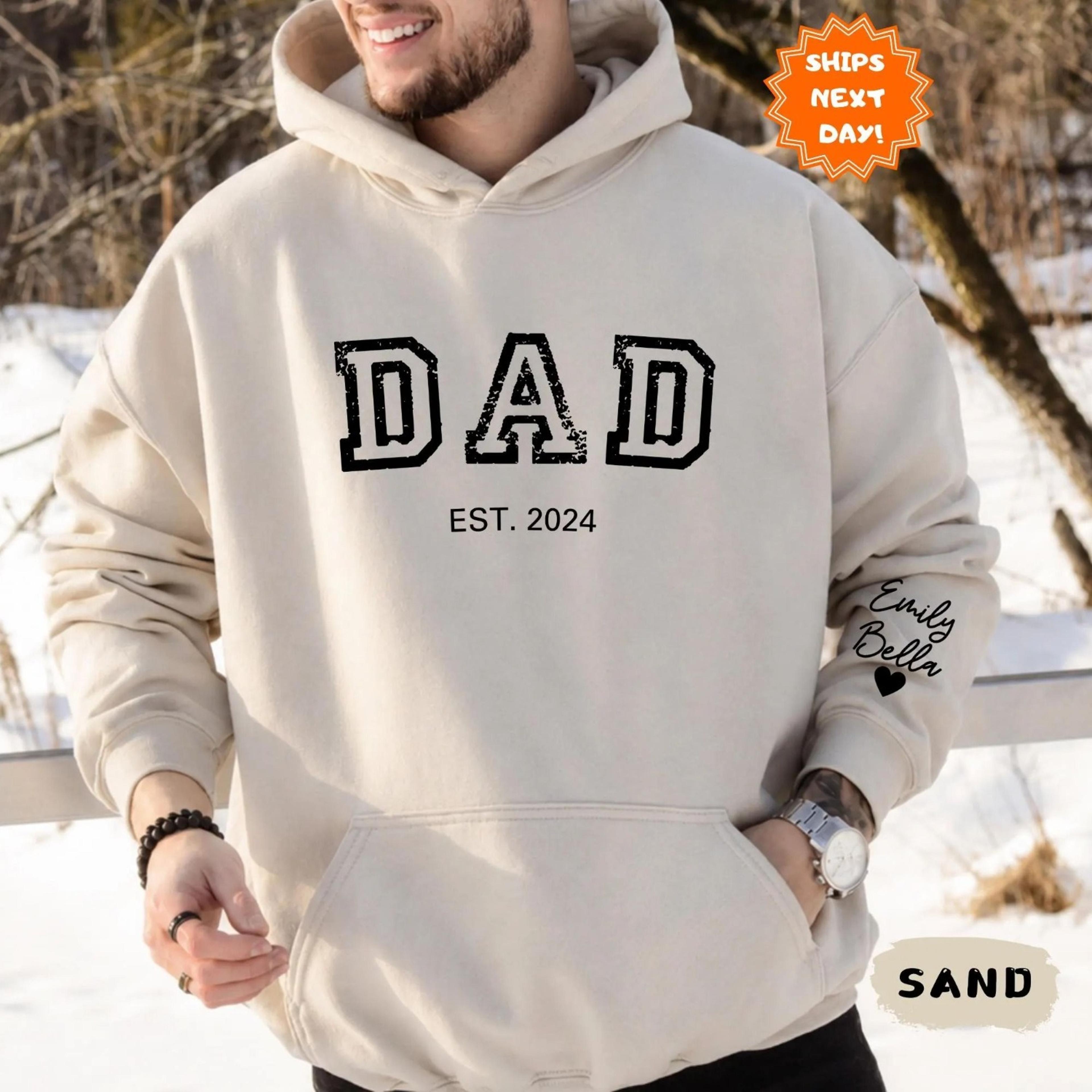 personalized dad hoodie, dad est 2024 hoodie, custom sleeve name hoodie, new dad gift, first father's day hoodie