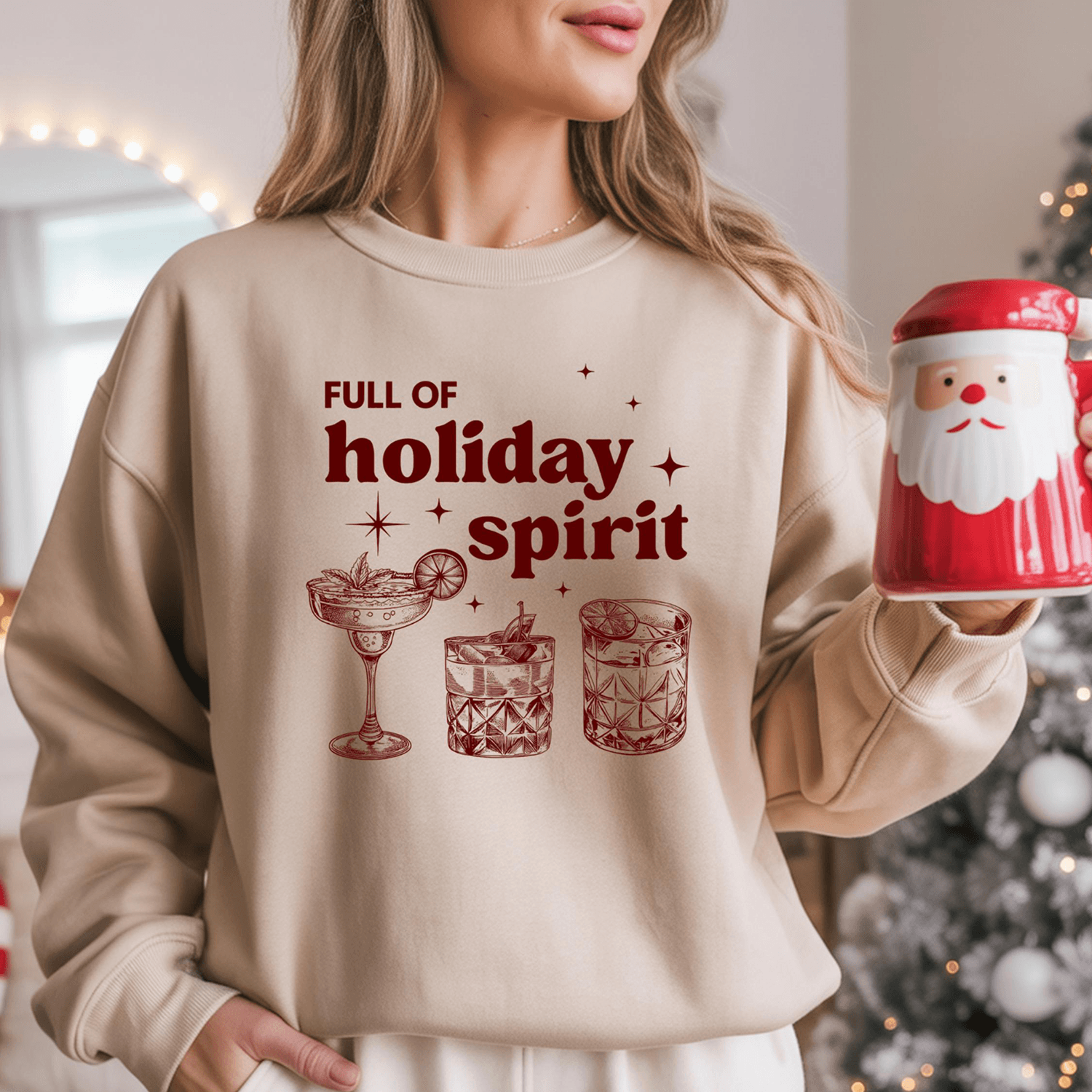 full of holiday spirit christmas sweatshirt, funny christmas sweatshirt, cozy holiday crewneck, christmas party pullover