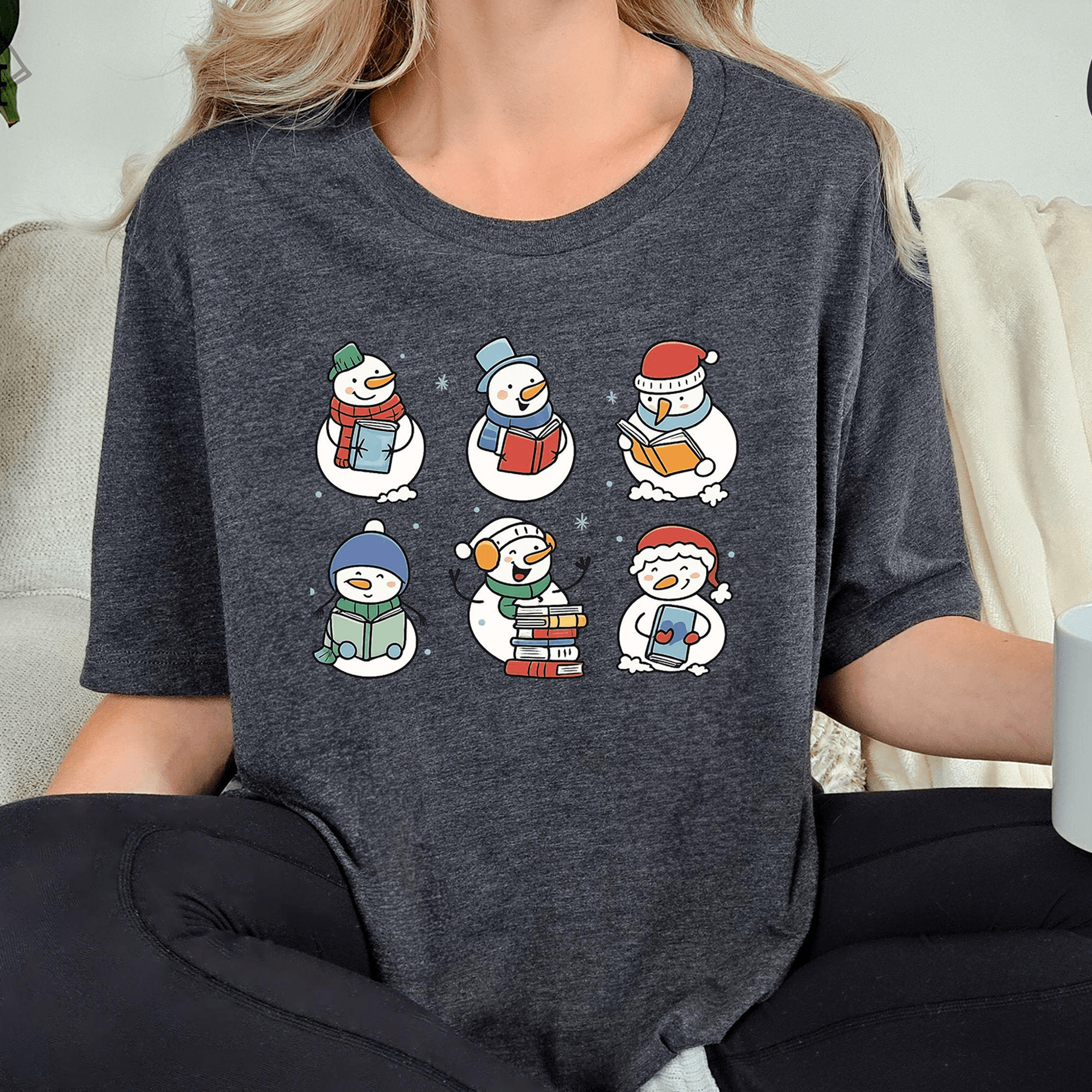 book lover snowman christmas shirt, reading snowman tee, bookworm holiday shirt, cozy reader gift for librarians