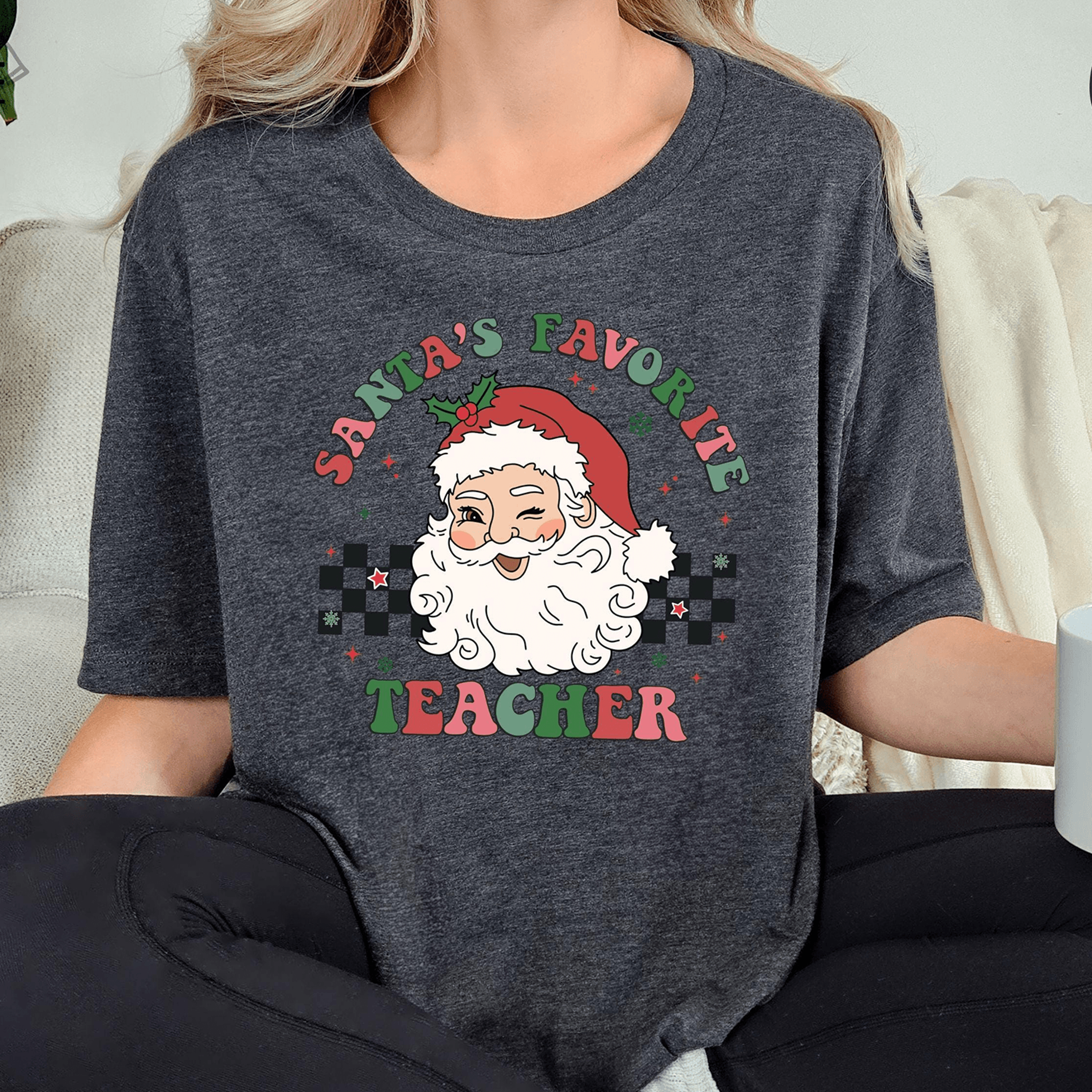 santa's favorite teacher shirt, christmas teacher tee, cute holiday teacher shirt, christmas gift for teachers