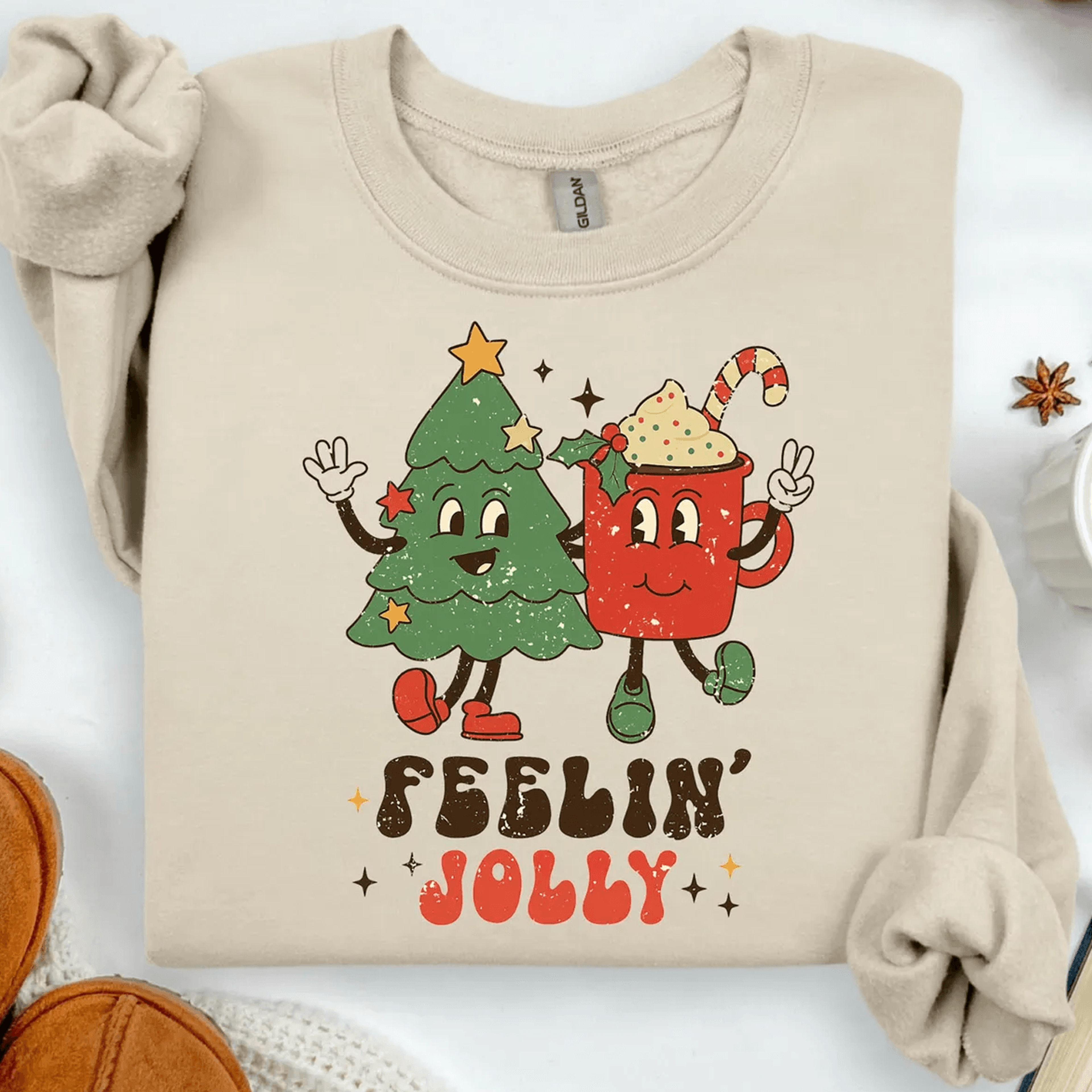 feeling jolly retro christmas sweatshirt, vintage holiday crewneck, cozy christmas sweatshirt, festive winter gift
