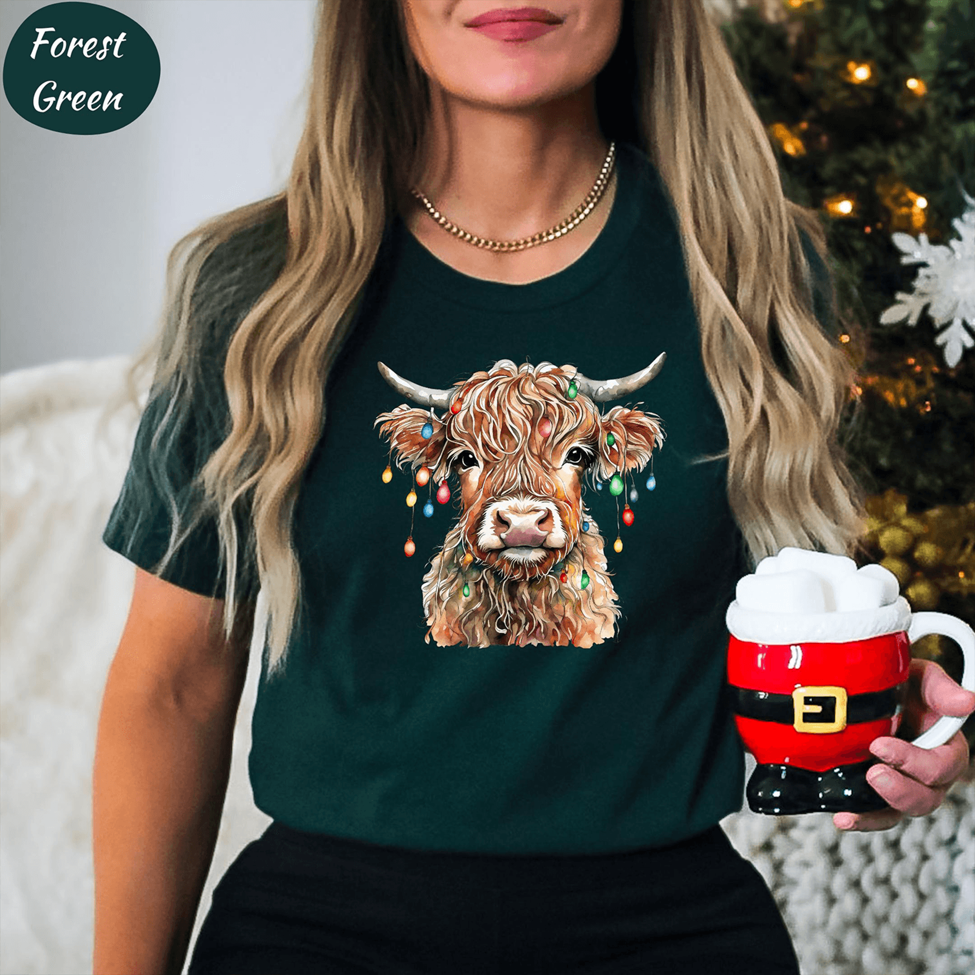 christmas cow sweatshirt, christmas cow lights sweatshirt, highland cow christmas sweatshirt, cow lover gift